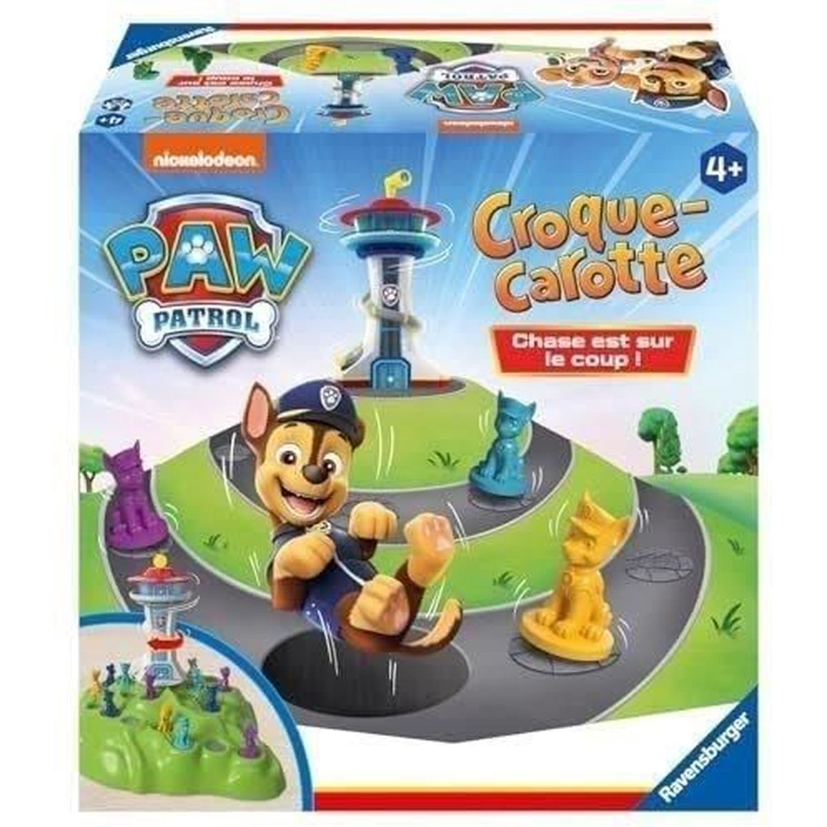 Scatola del gioco da tavolo Paw Patrol. Personaggio di Chase al centro, altri personaggi su una pista e una torre su una collina verde. Sfondo blu.