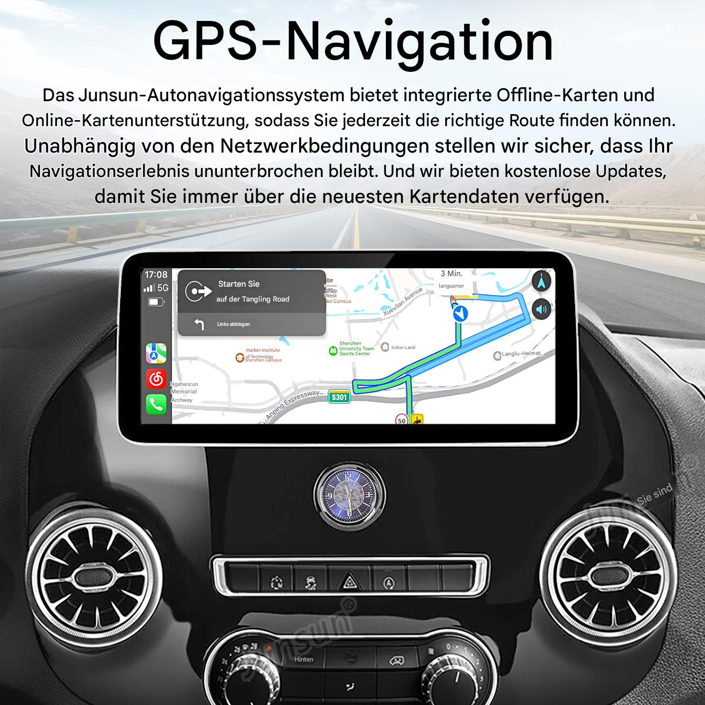 Armaturenbrett mit GPS-Navigation, Uhr und Lüftungsschlitzen. Der Bildschirm zeigt Karte und Route.