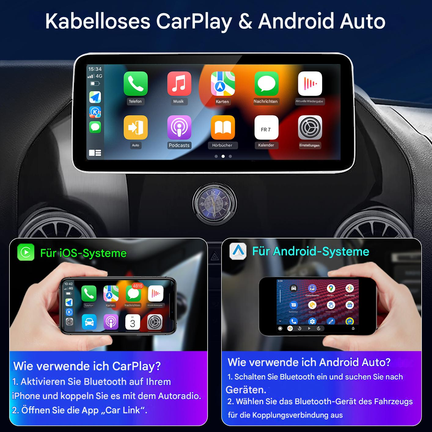 Das Bild zeigt einen Auto-Bildschirm mit Apps und zwei Handys mit CarPlay- und Android Auto-Einrichtungsanweisungen.