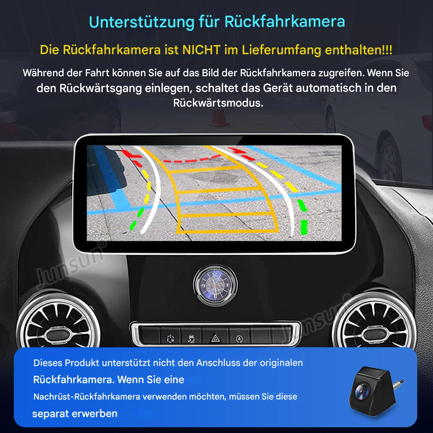 Autotafel mit Rückfahrkameraanzeige. Text auf Deutsch erklärt die Funktion. Eine Kamera ist ebenfalls abgebildet.