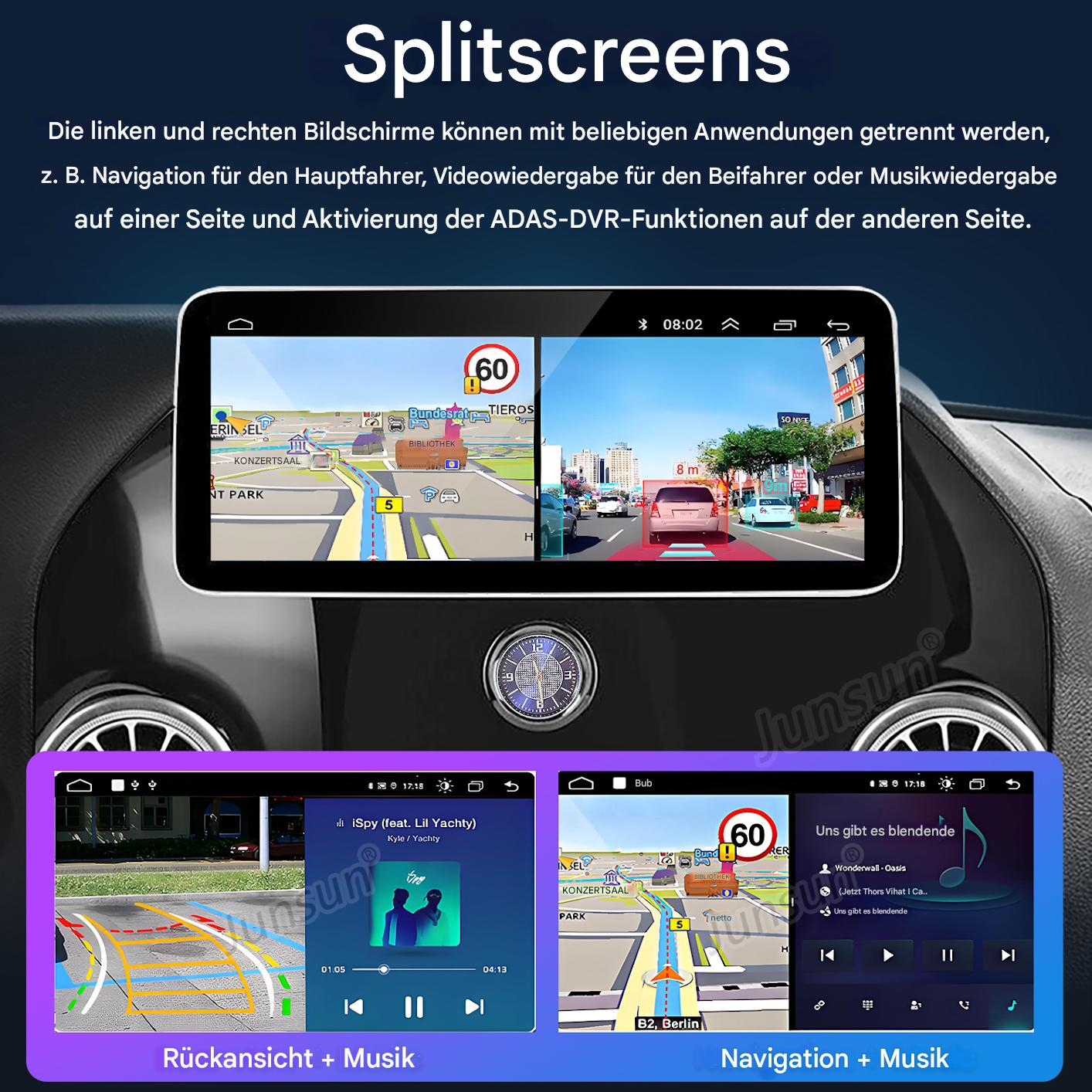 Auto-Dashboard mit geteilten Bildschirmen: Navigation, Musik und Rückfahrkamera. Zeigt auch Geschwindigkeitsbegrenzung und Verkehr.