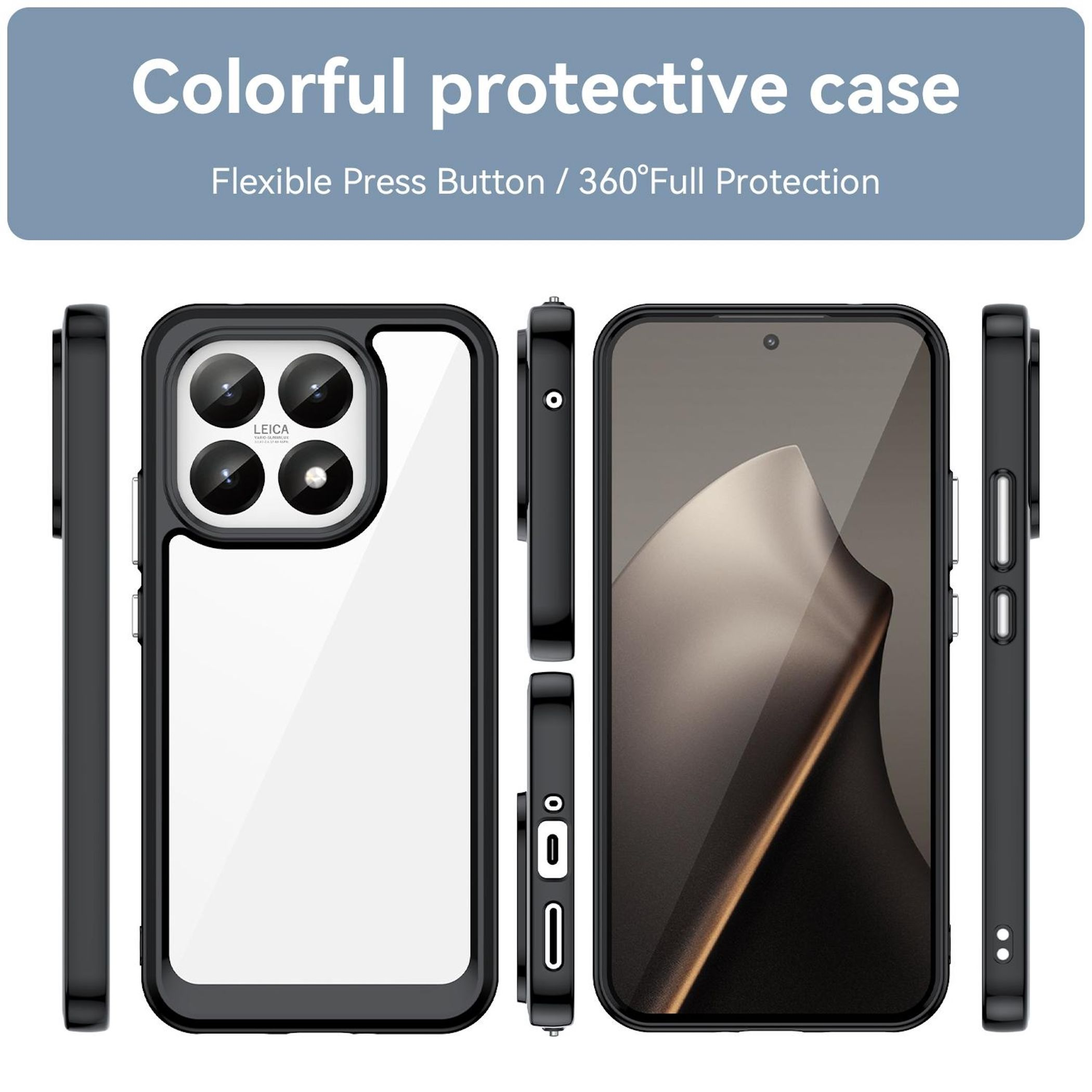 La imagen muestra una funda negra para teléfono con parte trasera transparente. La funda tiene un recorte para la cámara y detalles de botones.