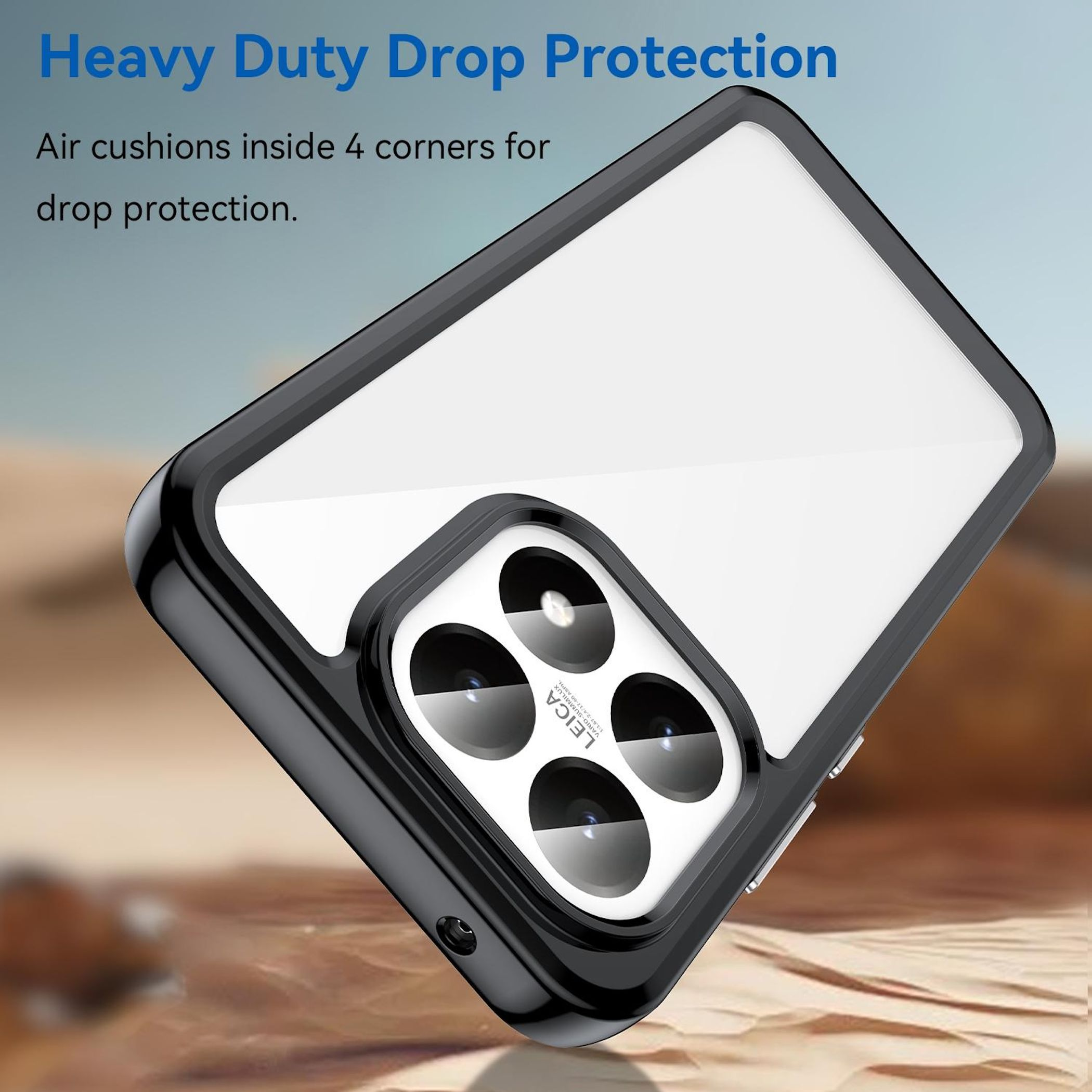 Una funda para teléfono, marco negro con parte trasera transparente, vista en ángulo. Contiene lentes de cámara y la marca Leica. Protección contra caídas.