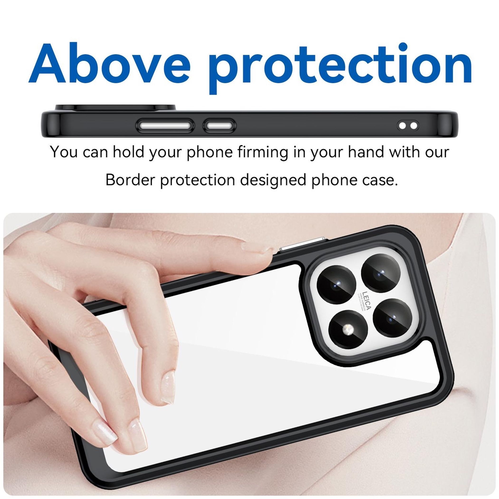 Una mano sostiene una funda de teléfono. La funda es negra con la parte trasera transparente y dice 'Above Protection'.