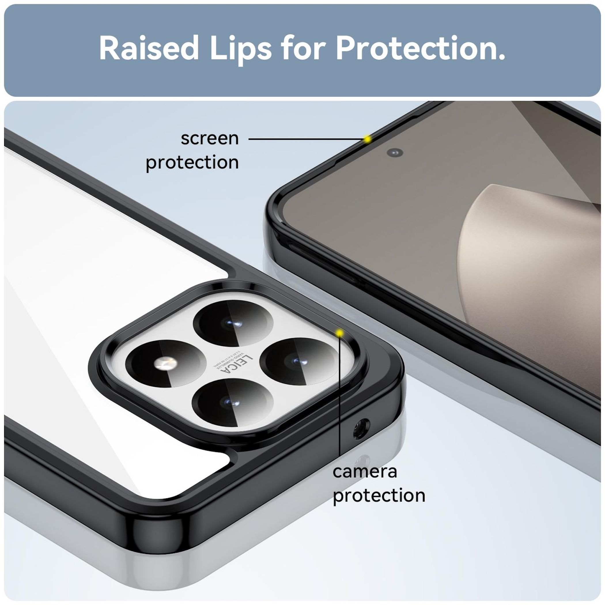 Detalle de funda de teléfono, mostrando bordes elevados para protección de pantalla y cámara, lente Leica visible.