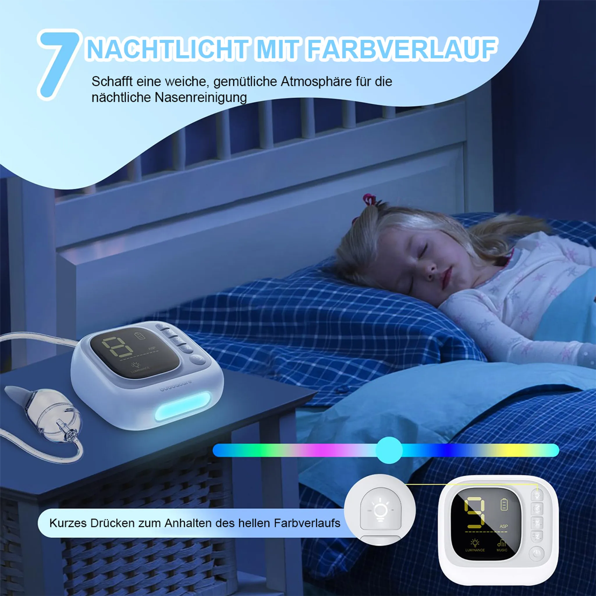 Ein Kind schläft im Bett. Ein Gerät steht auf einem Nachttisch, und ein Lichtgradient ist sichtbar.