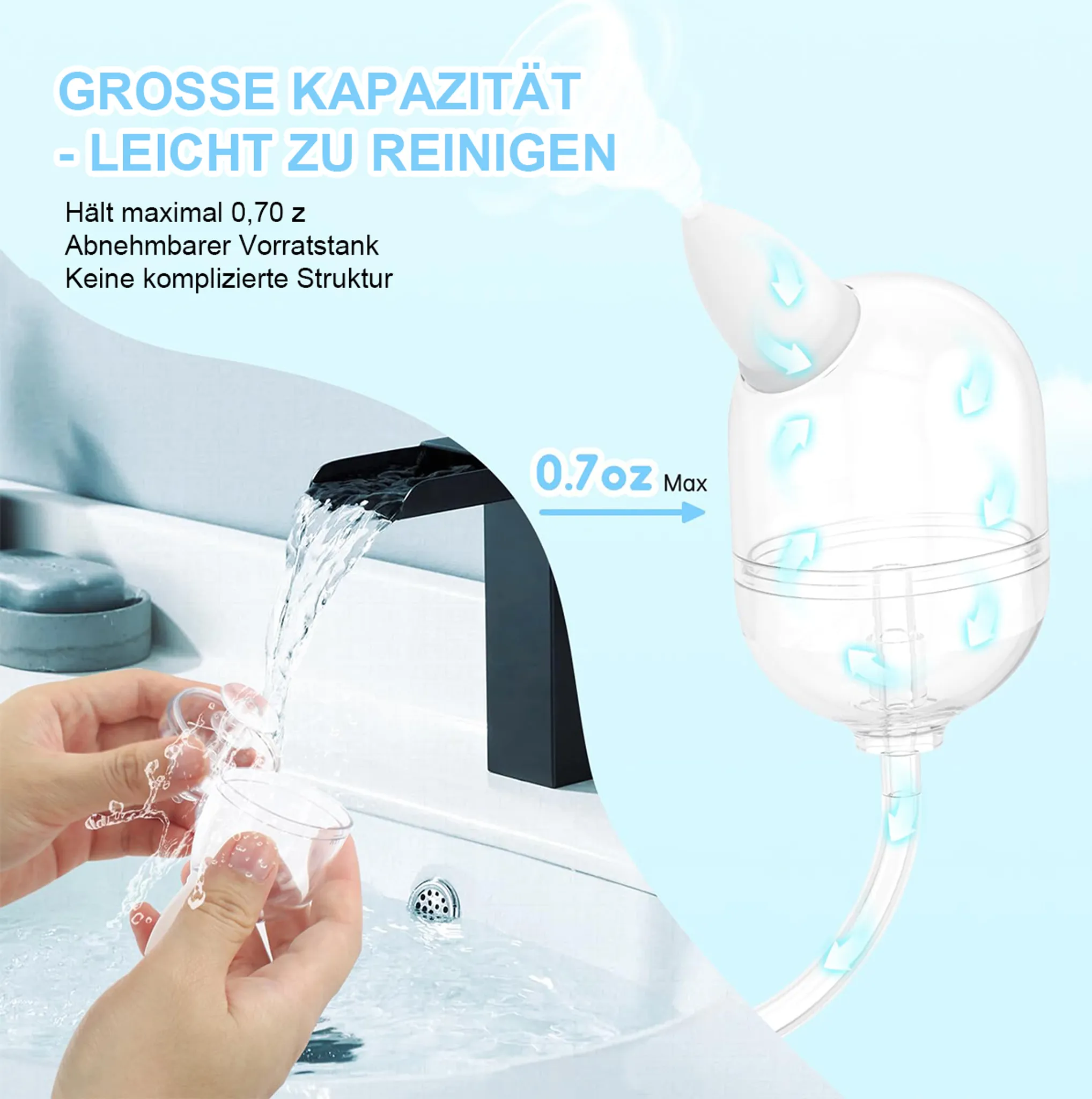 Hände halten kleine Becher unter einem Wasserhahn. Ein klares Gerät zeigt den Wasserfluss. Text zeigt große Kapazität und einfache Reinigung.