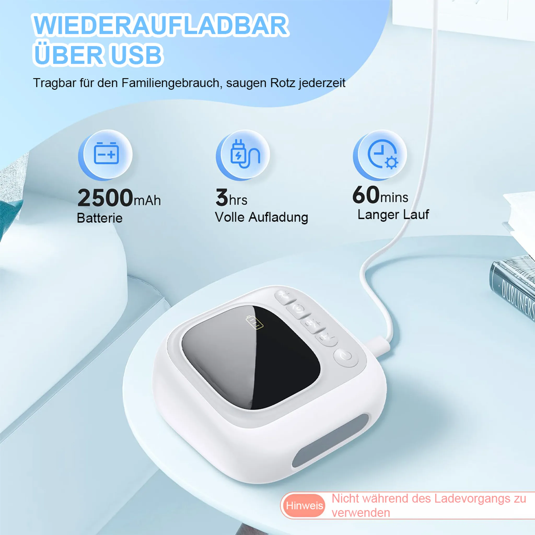 Weißes Gerät mit Tasten, Bildschirm und Kabel. Text zeigt Batterie, Ladezeit und Nutzungsdauer an.
