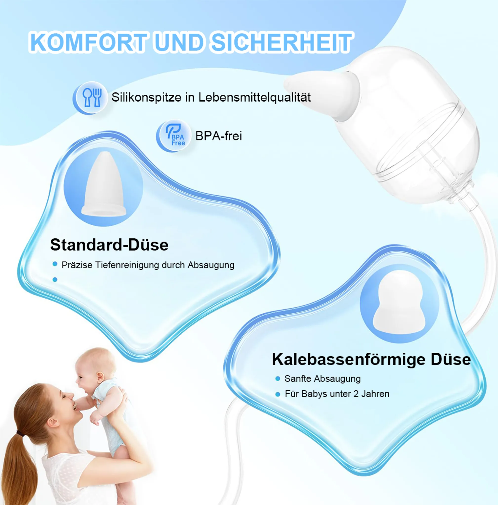 Das Bild zeigt ein Baby-Pflegeprodukt mit einer Frau, die ein Baby hält. Text beschreibt Funktionen.