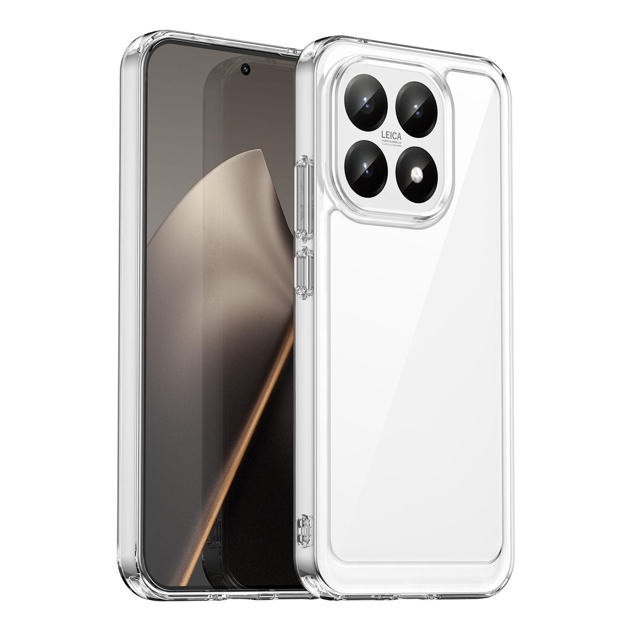 Eine transparente Handyhülle schützt ein Smartphone. Das Telefon hat einen Bildschirm und Kameralinsen. Der Hintergrund ist weiß.