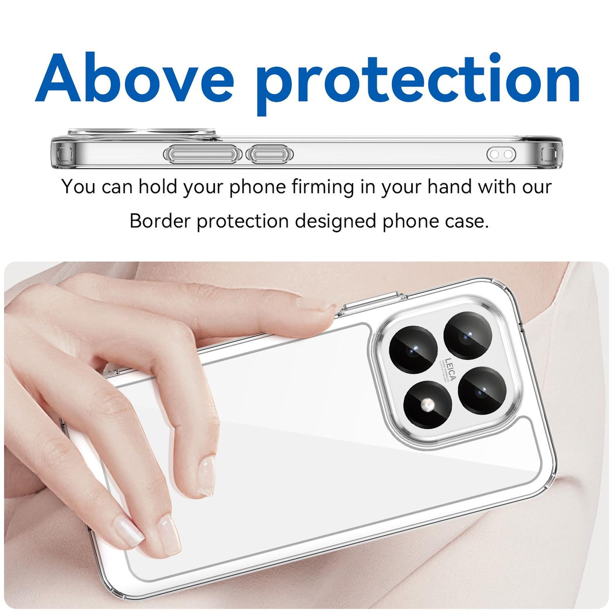 Eine Hand hält ein Telefon in einer transparenten Hülle. Die Handyhülle hat ein Kameramodul mit 4 Objektiven und den Text „Above protection“.