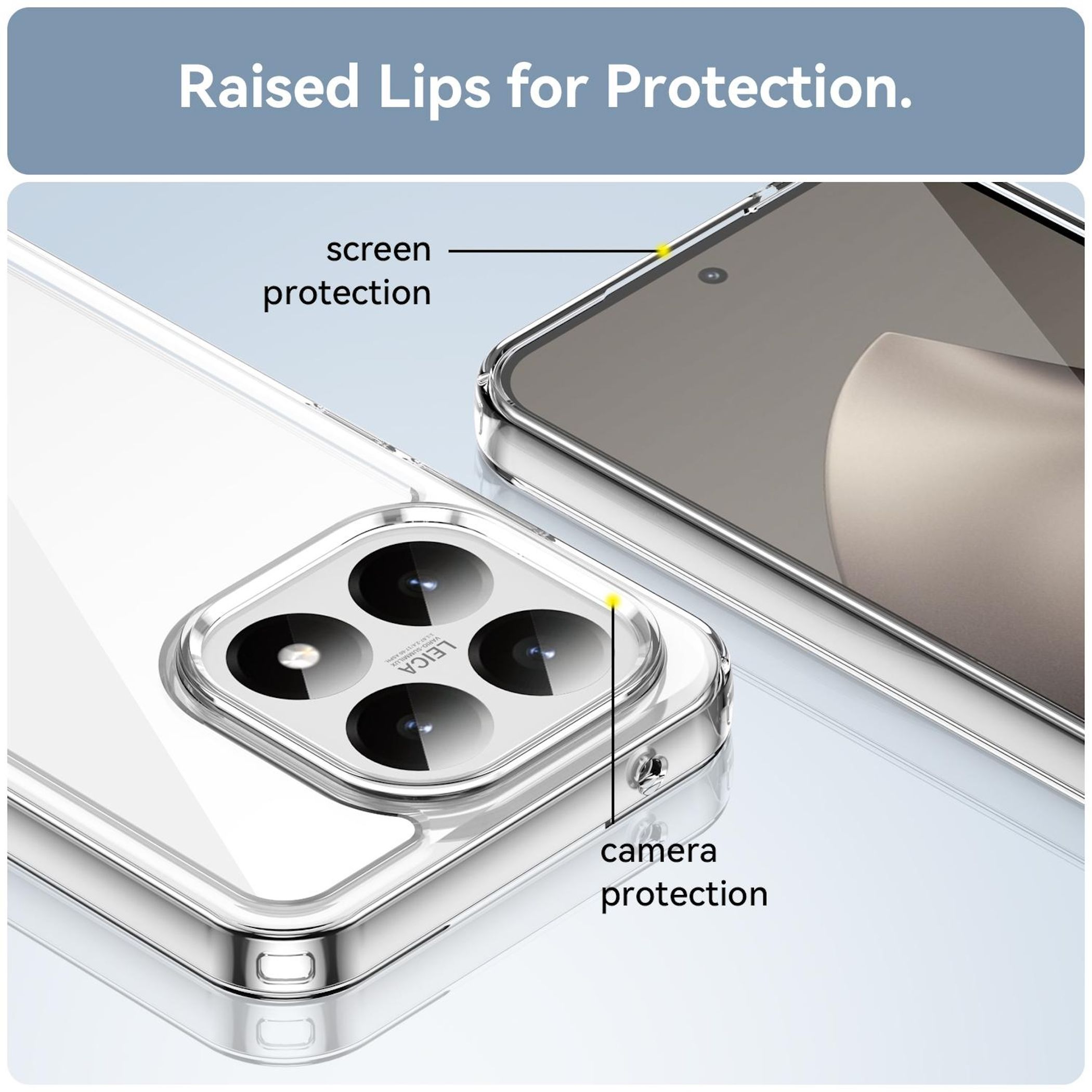 Transparente Handyhülle mit erhöhten Kanten, die Bildschirm und Kamera schützen. Telefonkameras sind sichtbar. Text: 'Raised Lips for Protection'.