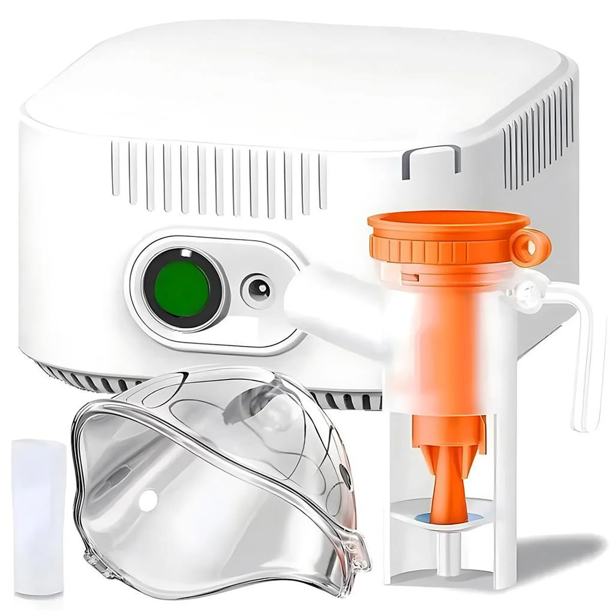 Ein weißes Verneblermaschine mit einem orangefarbenen und durchsichtigen Medikamentenbecher, einer Maske und einem Medikamentenhalter. Grüner Kreis auf der Vorderseite.