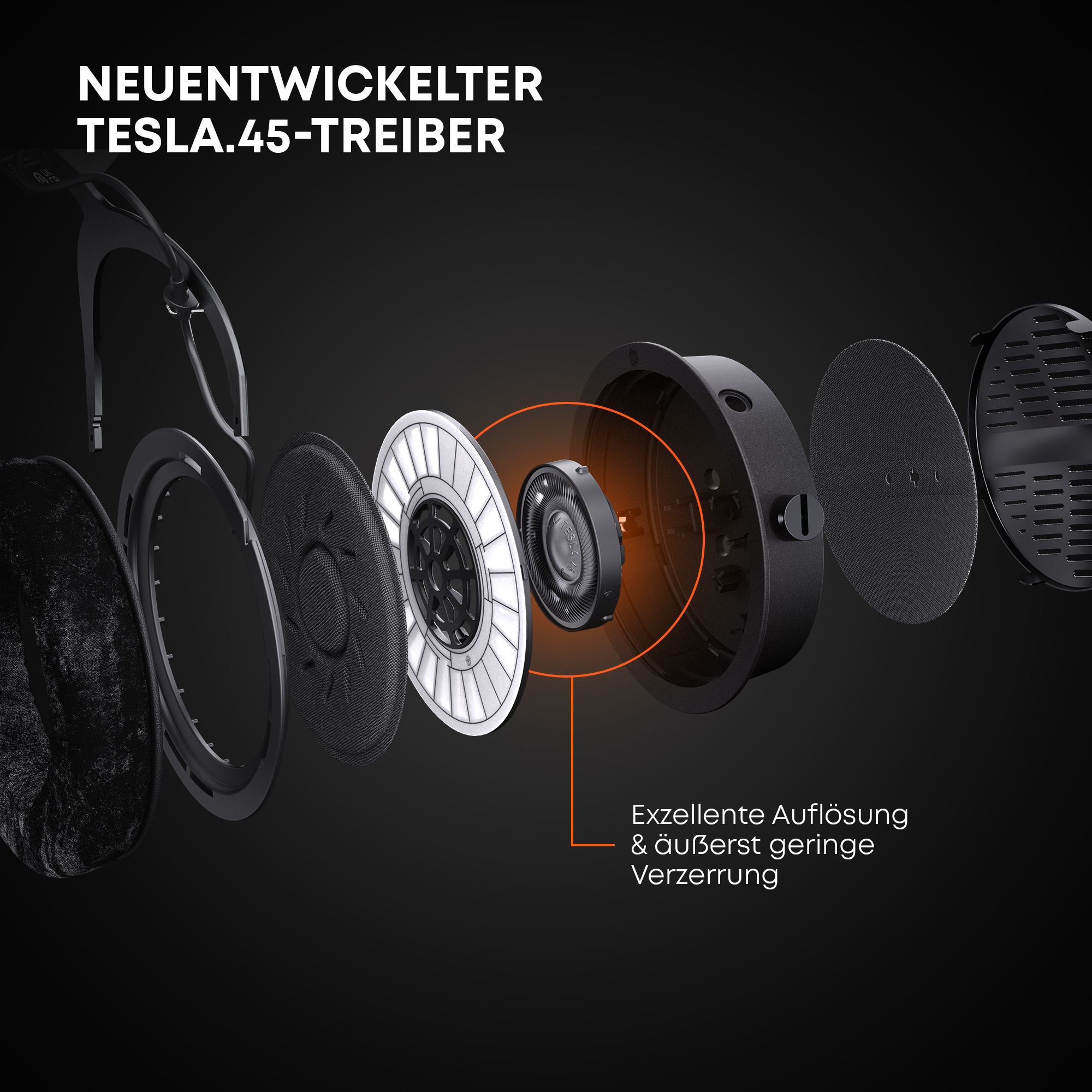 Widok rozstrzelony słuchawek. Pokazano czarne i szare elementy, w tym muszlę, głośnik i wyściółkę na czarnym tle.