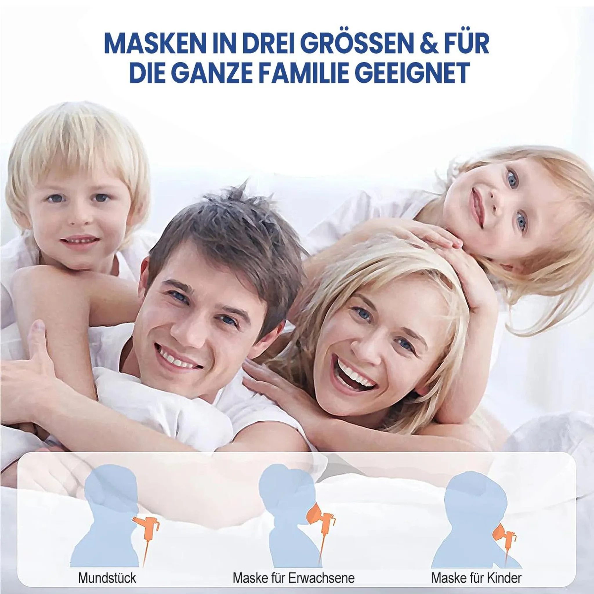 Vierköpfige Familie lächelt, Text oben, Illustrationen von Maskentypen unten: Mundstück, Erwachsenenmaske, Kindermaske.