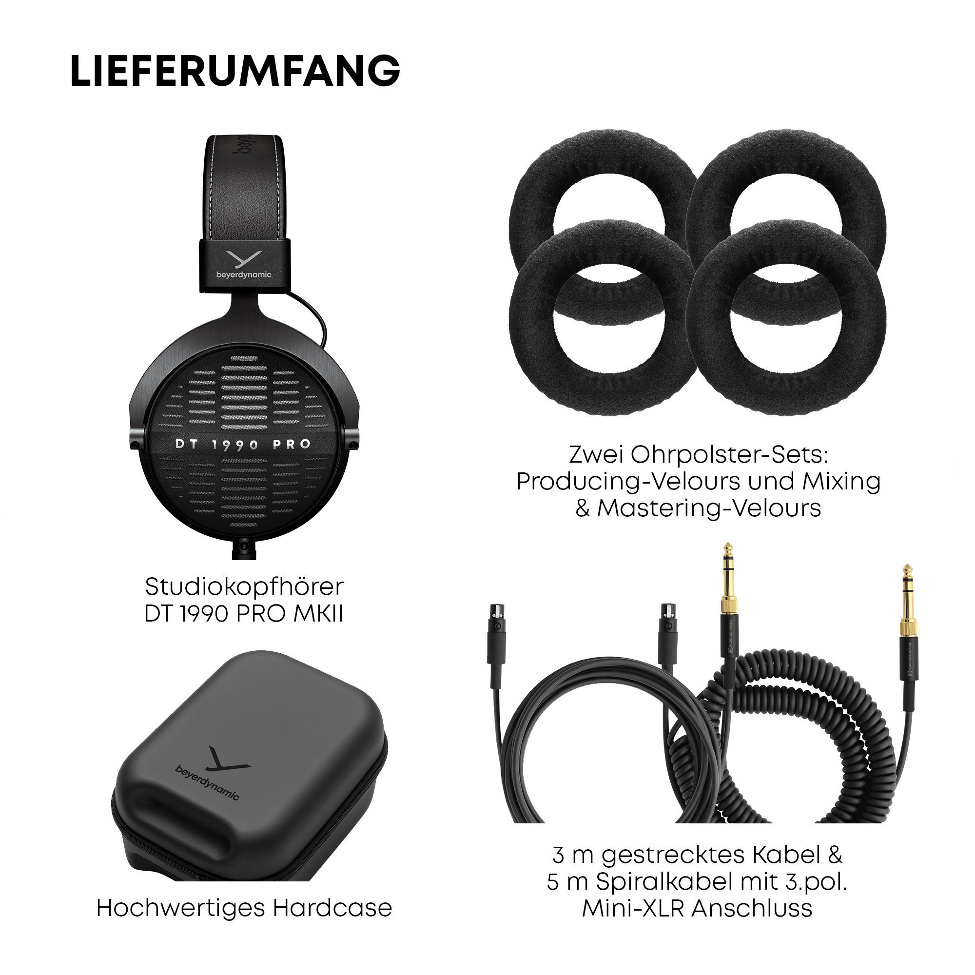 Das Bild zeigt Kopfhörer, Ohrpolster, Kabel und eine Hülle. Text enthält Produktdetails, Markenlogo und Modell.