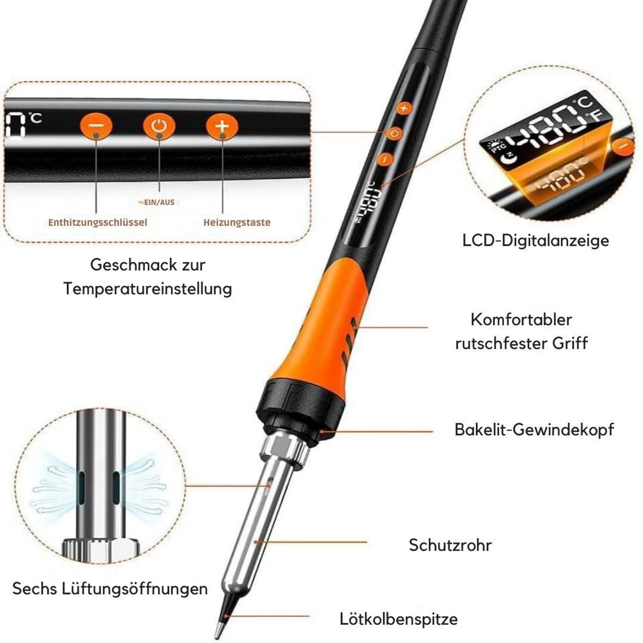 Ein Lötkolben mit einem orangefarbenen und schwarzen Griff. Es hat ein digitales Display und Einstelltasten.