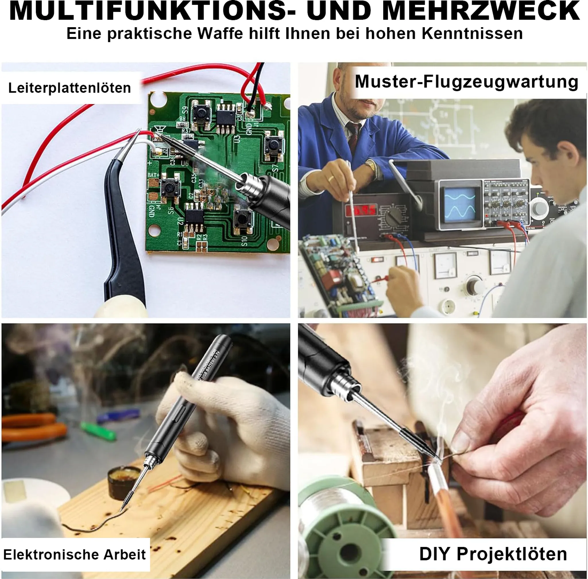 Das Bild zeigt Lötarbeiten, eine Leiterplatte, Flugzeugwartung und DIY-Projekte. Verschiedene Werkzeuge und Aktionen sind dargestellt.