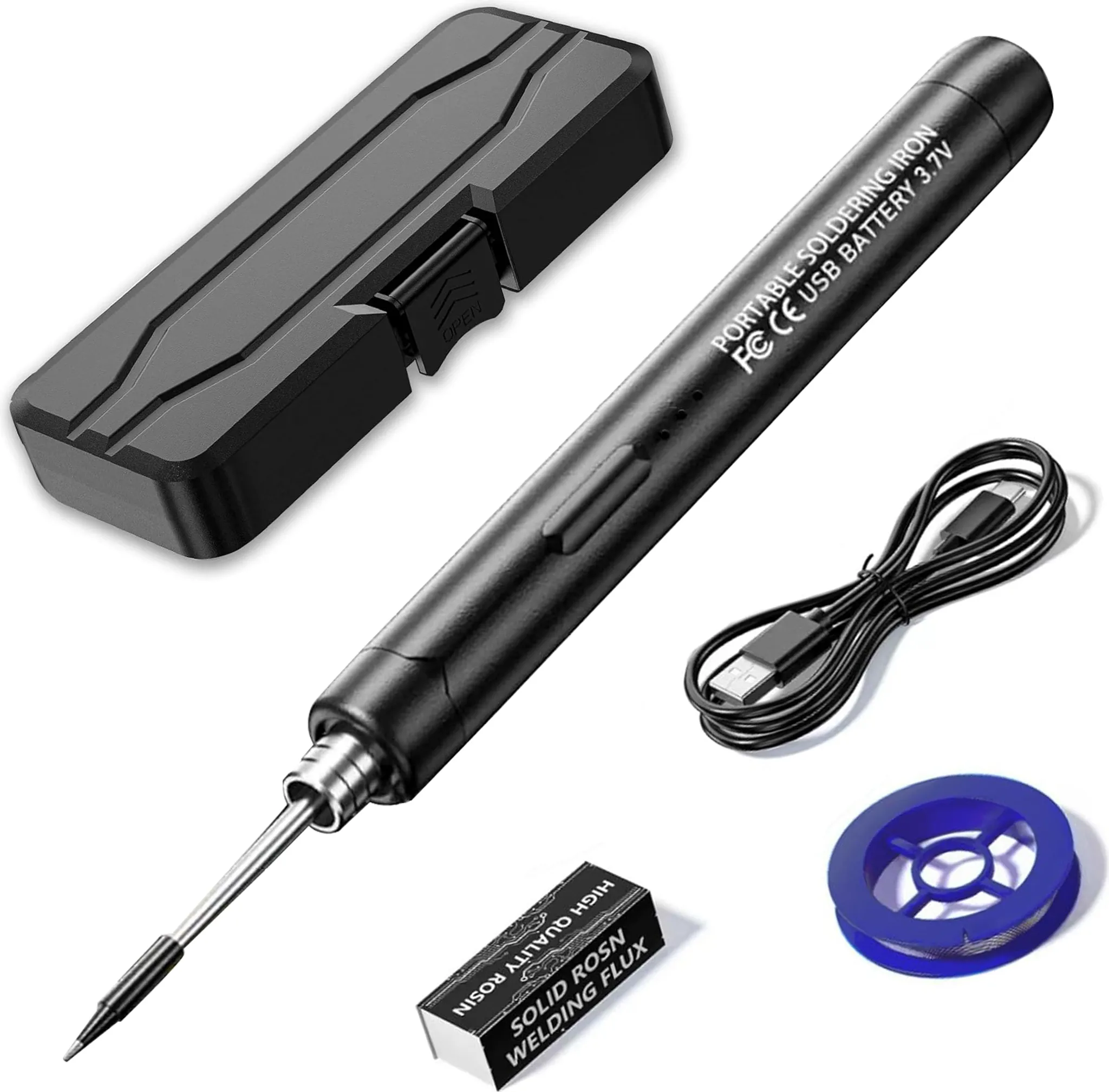 Ein schwarzer Lötkolben mit Zubehör, darunter ein Gehäuse, ein USB-Kabel, Flussmittel und Lot. Alles auf weißem Hintergrund.