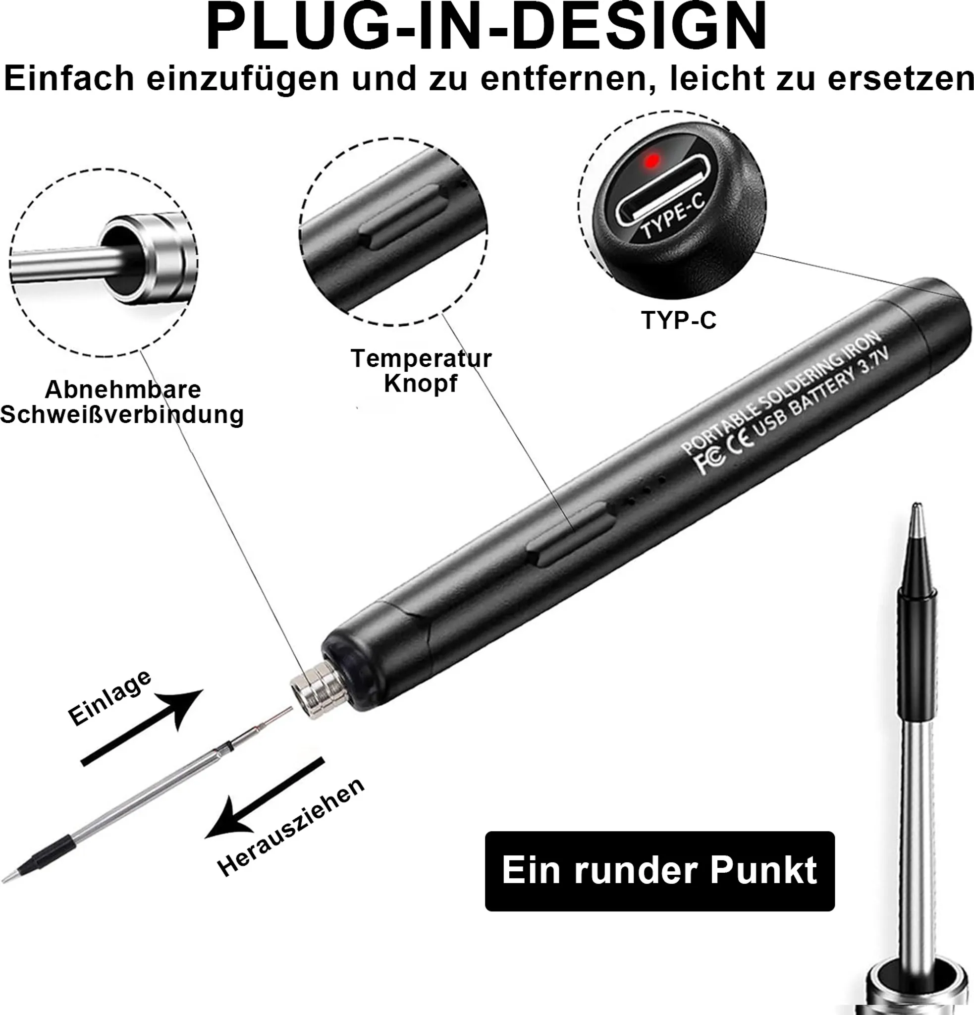 Ein schwarzer Lötkolben mit abnehmbarer Spitze und Temperaturregelung, beschriftet mit deutschem Text. Ein USB-C-Anschluss ist abgebildet.