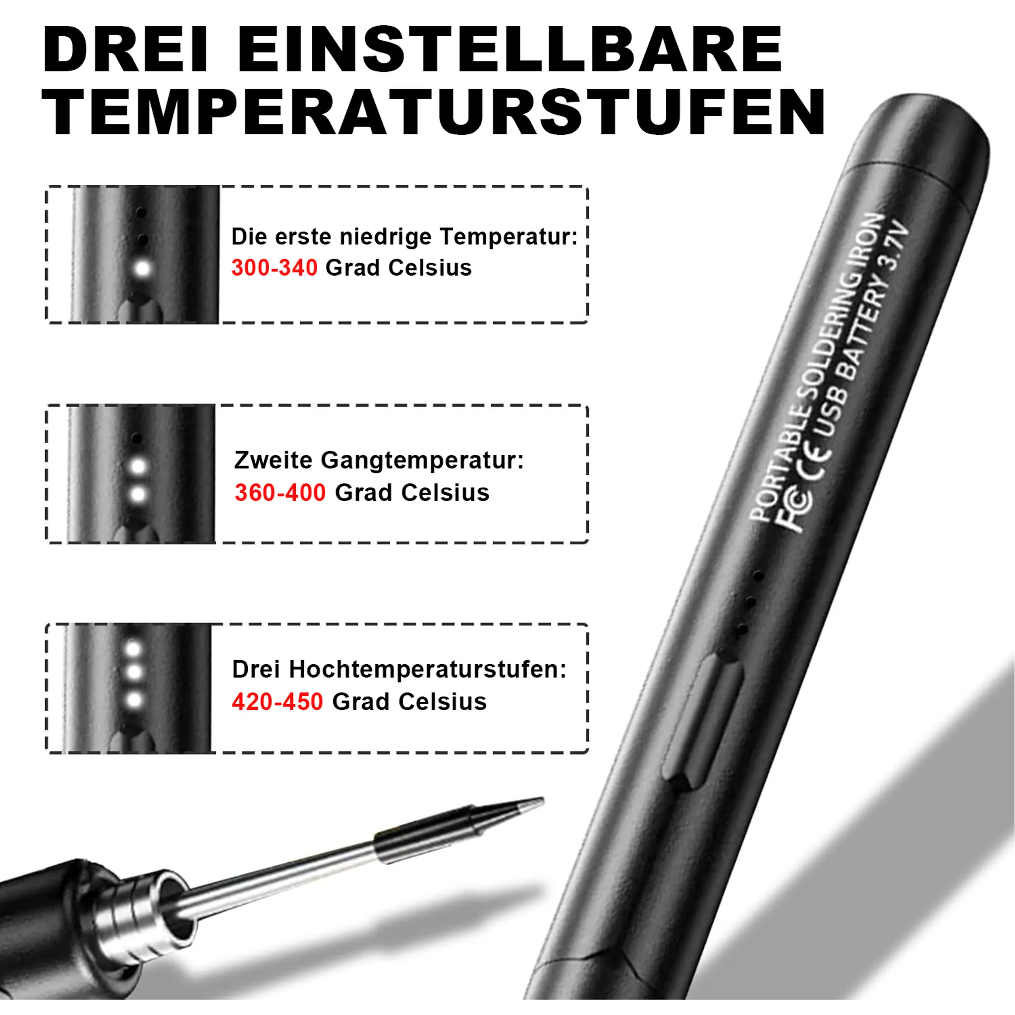 Lötkolben mit drei Temperatureinstellungen. Textdetails: 300-450 Grad Celsius. Das Eisen ist schwarz.