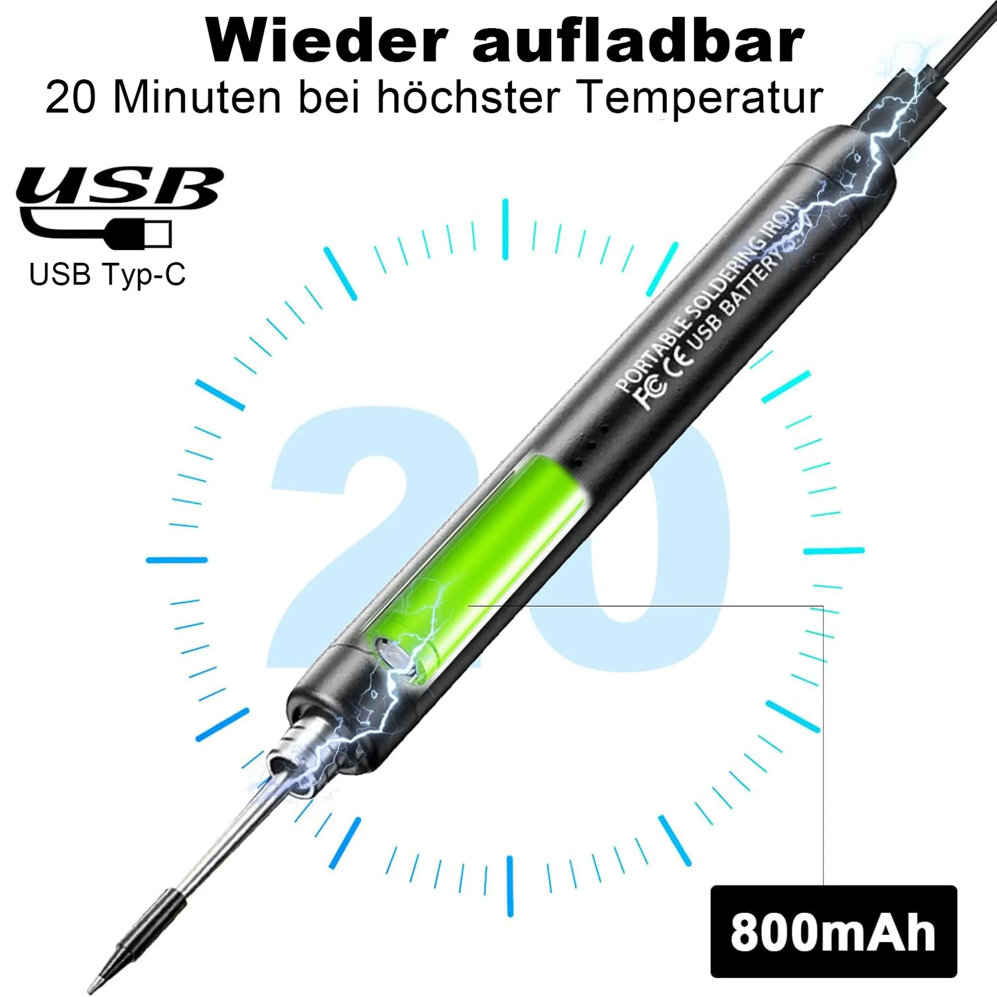 Ein wiederauflötbarer Lötkolben mit grüner Batterieanzeige, USB-C und einer Kapazität von 800 mAh.