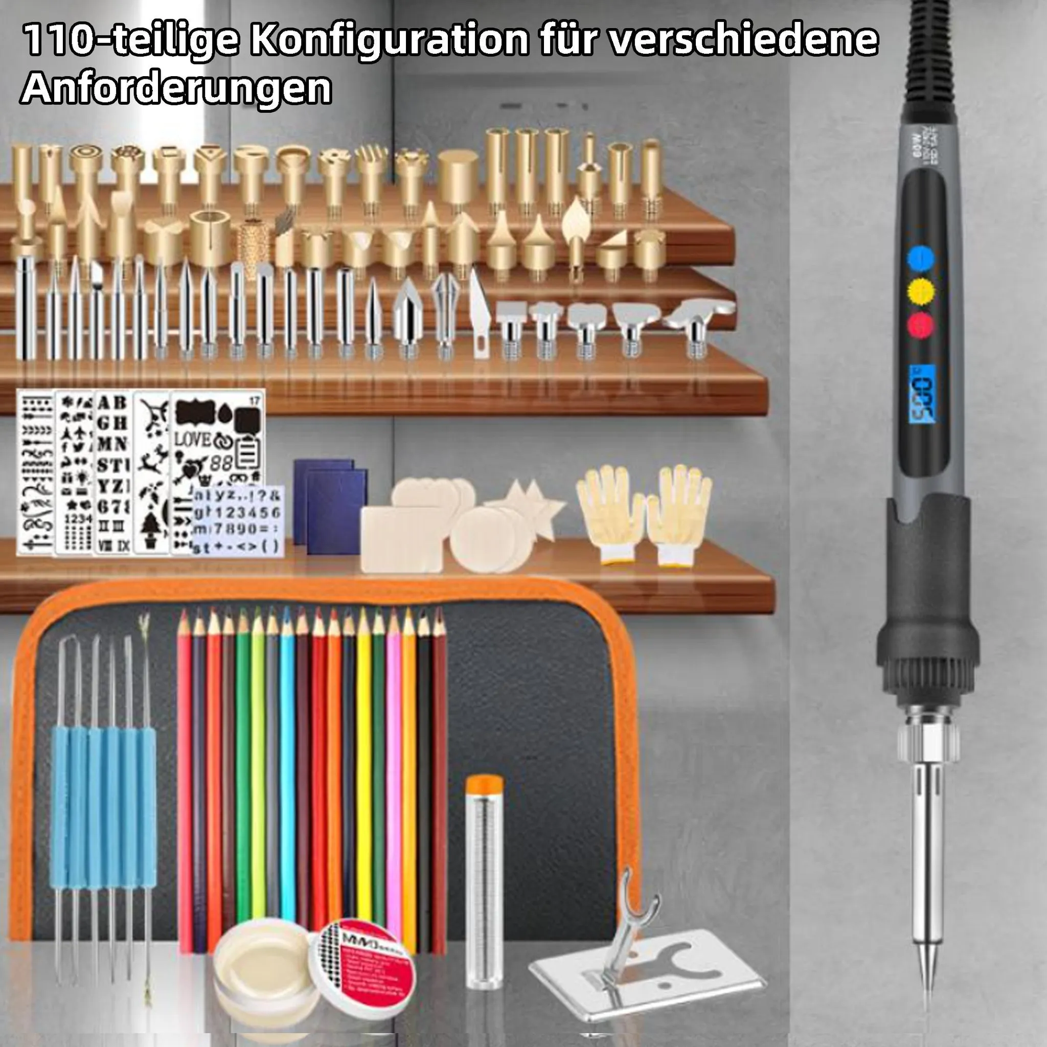 Lötkasten: Lötkolben, Spitzen, Schablonen, Bleistifte, Handschuhe und Zubehör auf Regalen und in einem Kasten.