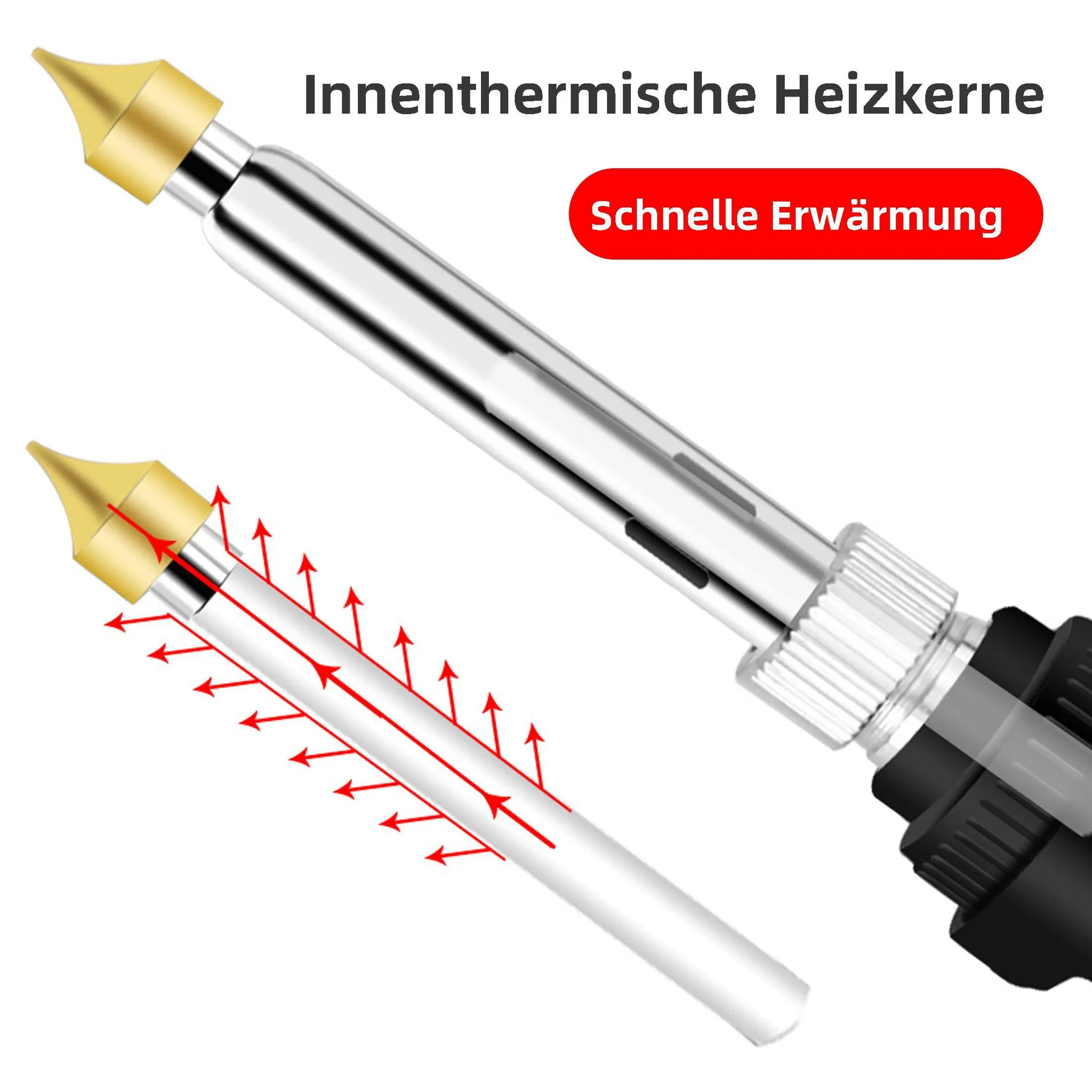Lötkolben mit goldener Spitze, silbernem Körper und roten Pfeilen, die den Wärmefluss anzeigen. Text: Schnelle Erwärmung.