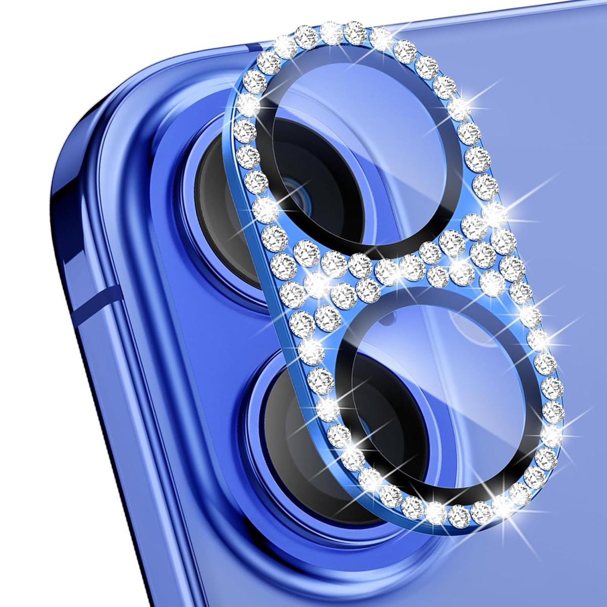 Un proteggi-lente per fotocamera blu con gemme a forma di diamante attorno alle aperture circolari su un corpo blu.