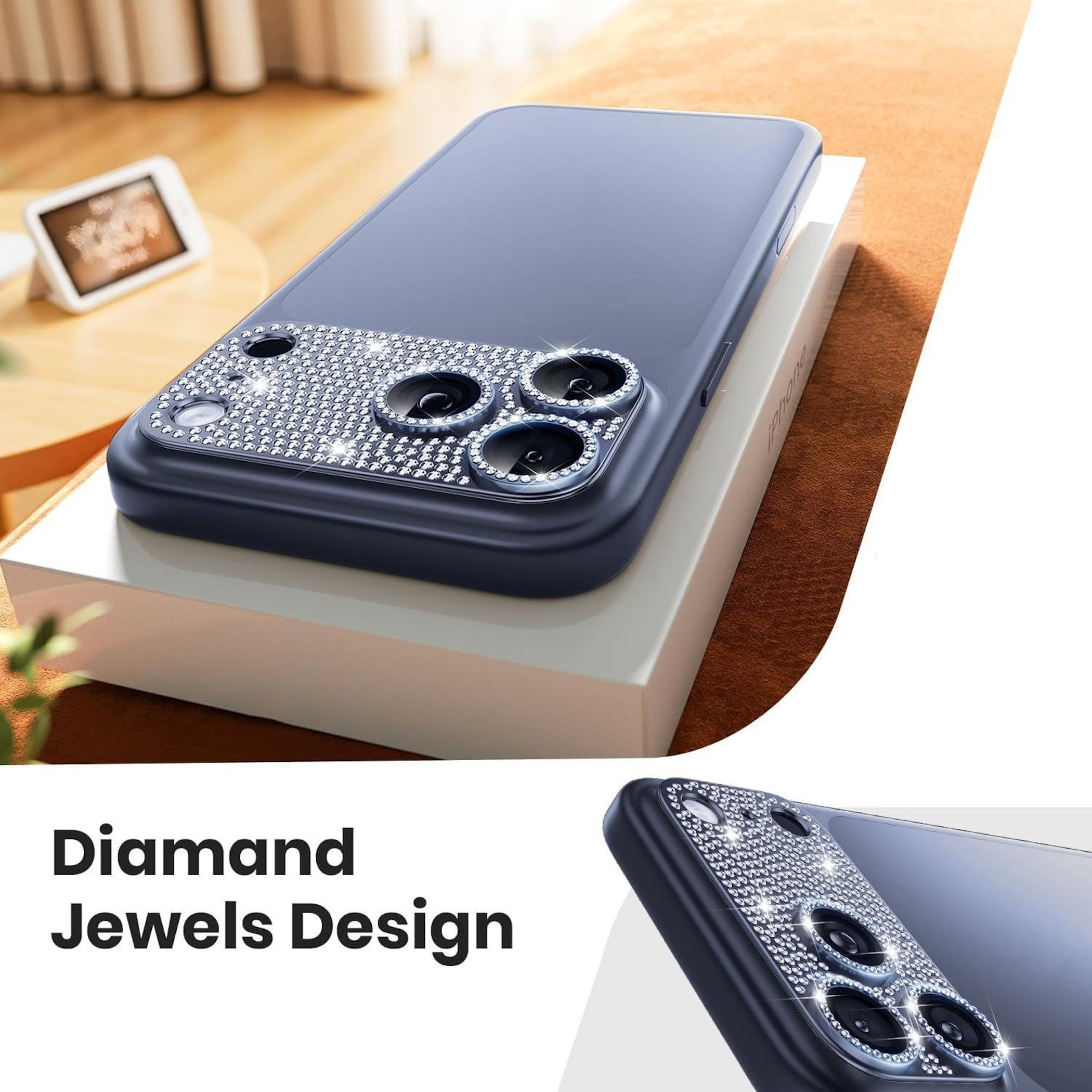 Una custodia per telefono con design di gioielli di diamanti. È su una scatola bianca. Lo sfondo è marrone.