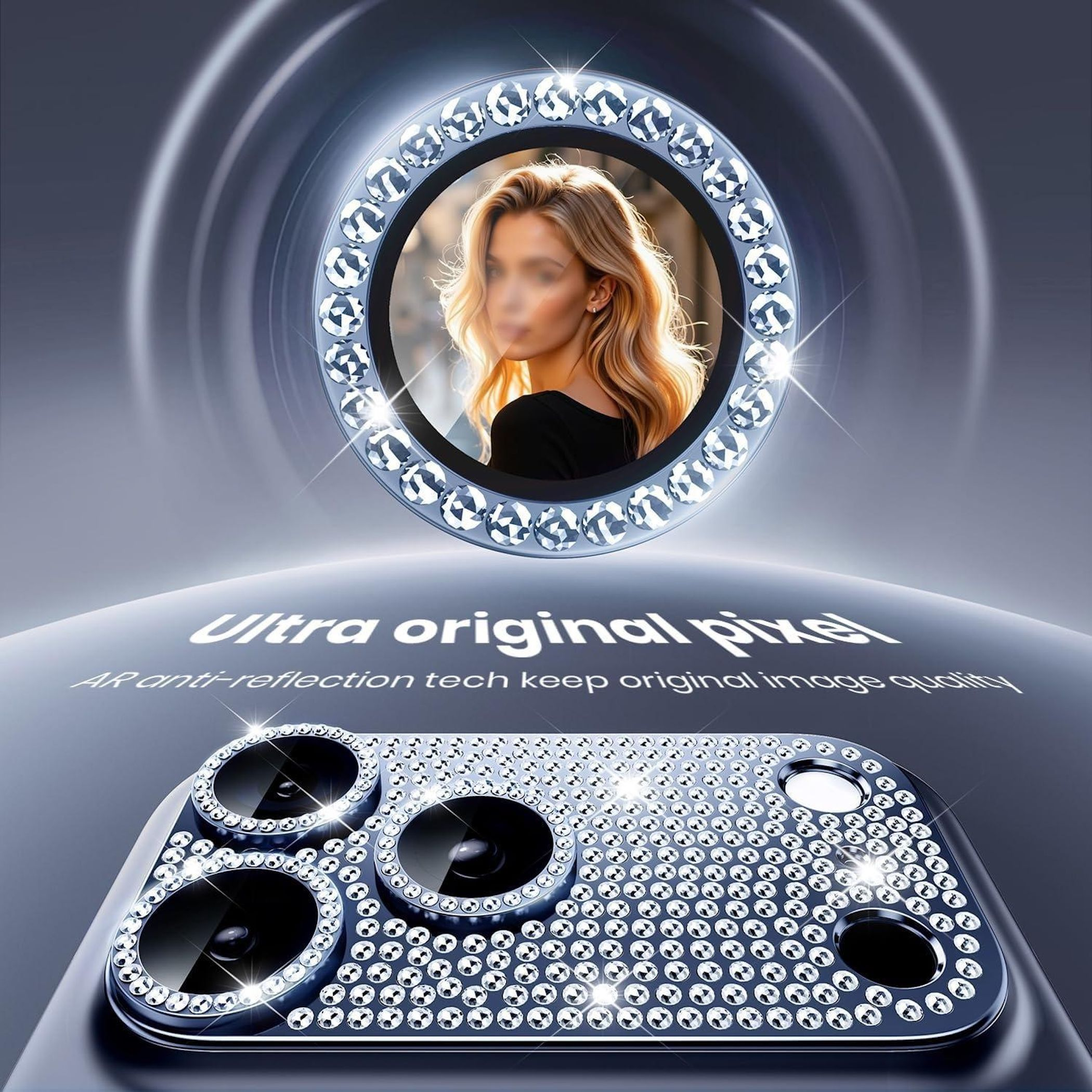 Accessorio per telefono con strass. Immagine di una donna in un cerchio. Testo Ultra original pixel.