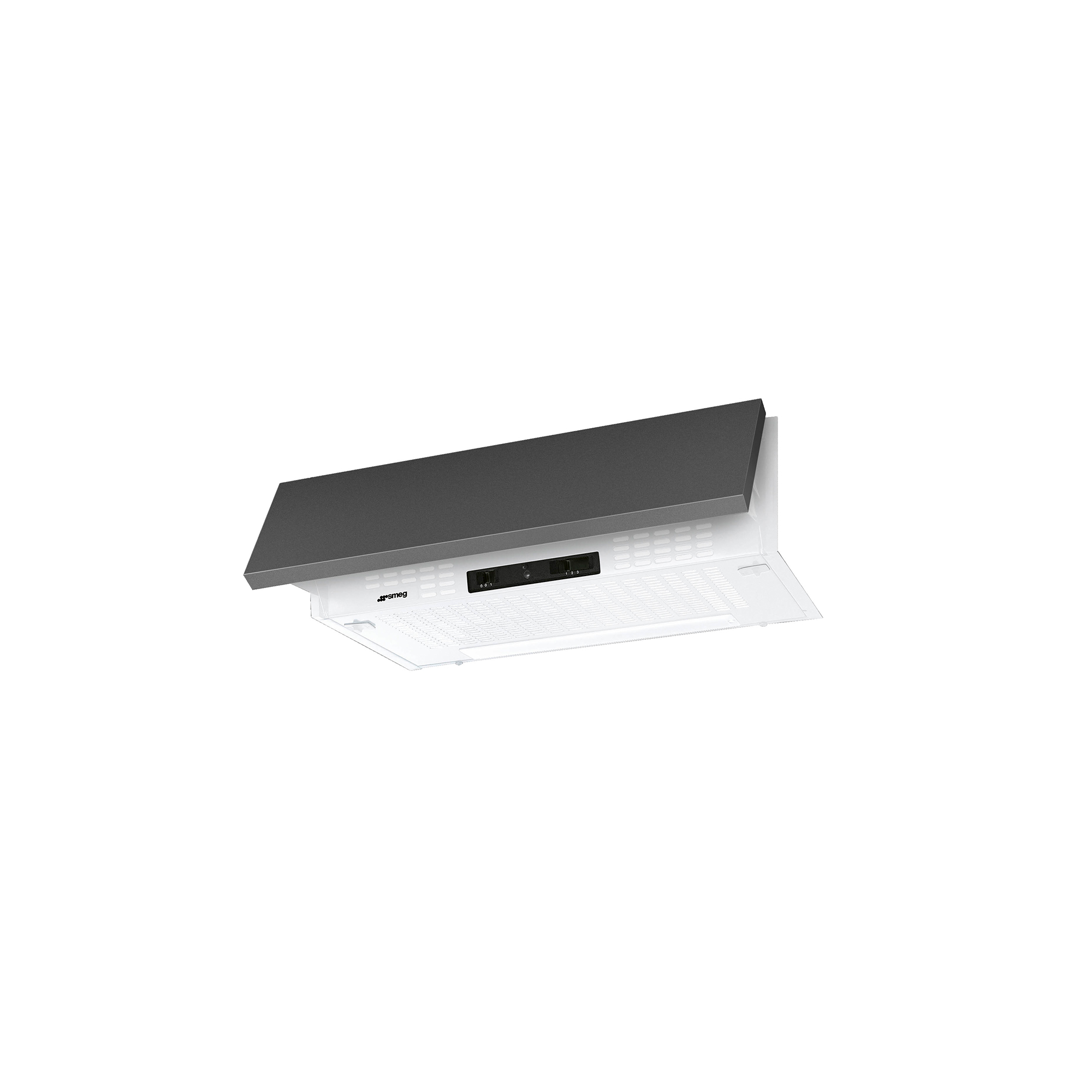 Una campana extractora blanca y gris. Parte superior gris, cuerpo blanco. Logotipo de Smeg visible.
