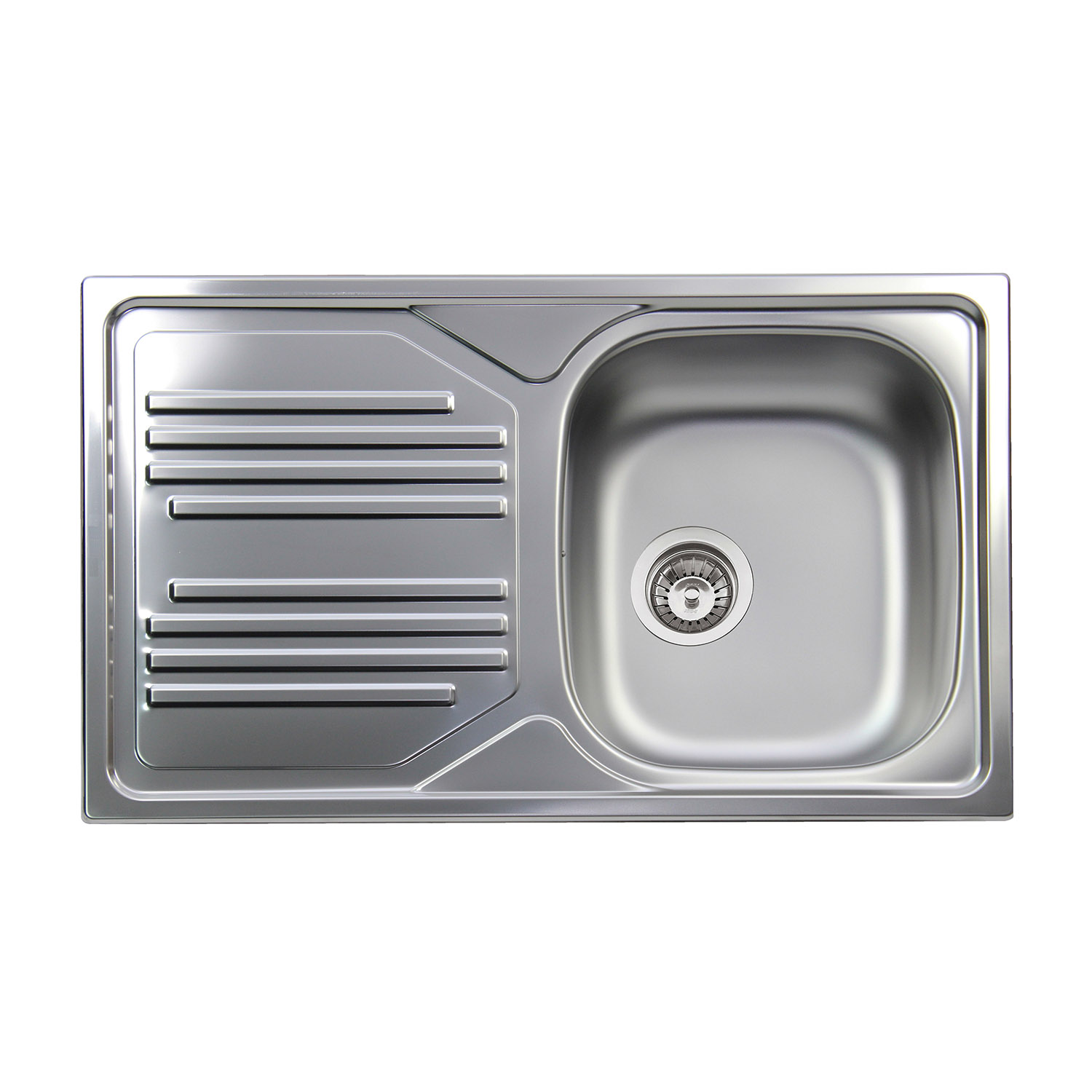 Un fregadero de cocina de acero inoxidable con diseño rectangular, escurridor con ranuras y una cubeta redondeada.