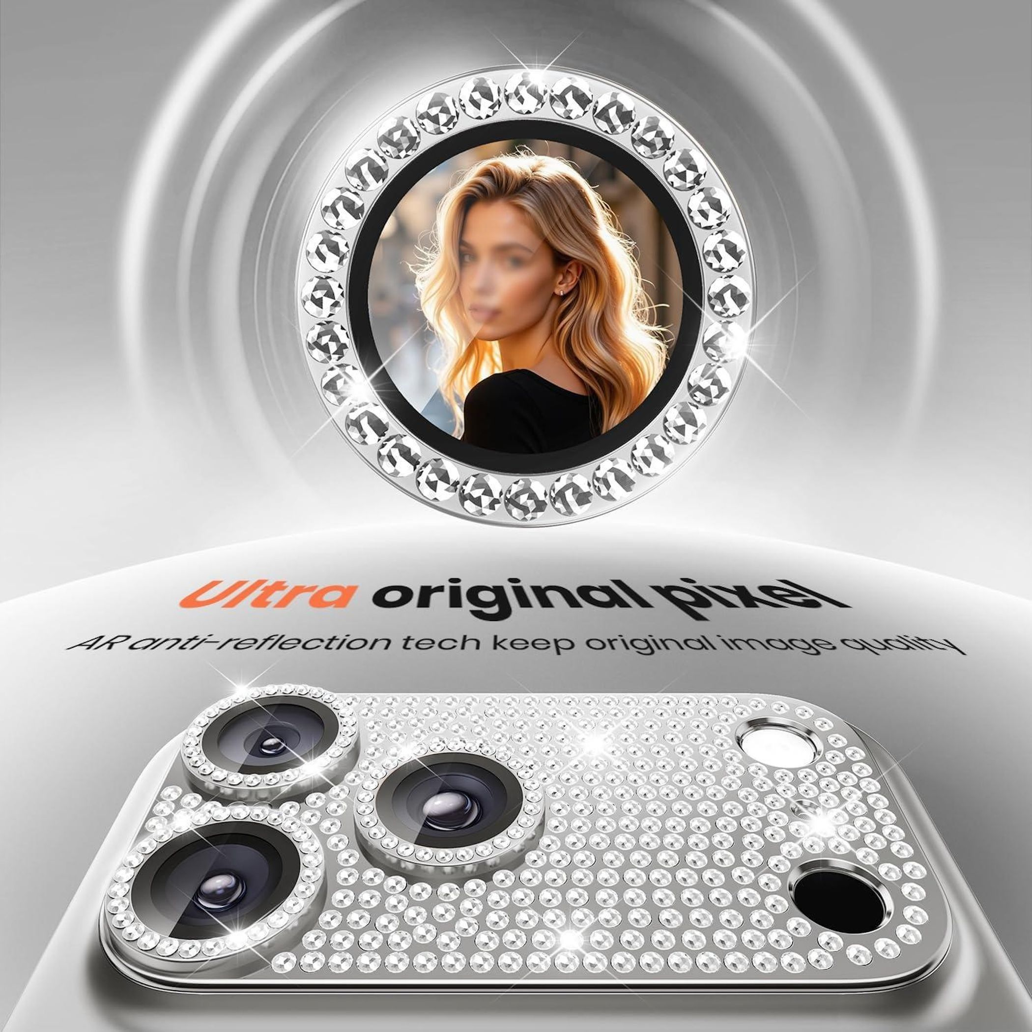 L'immagine presenta una custodia per telefono con cristalli incastonati attorno agli obiettivi della fotocamera e il volto di una donna, con testo 'Ultra original pixel'.
