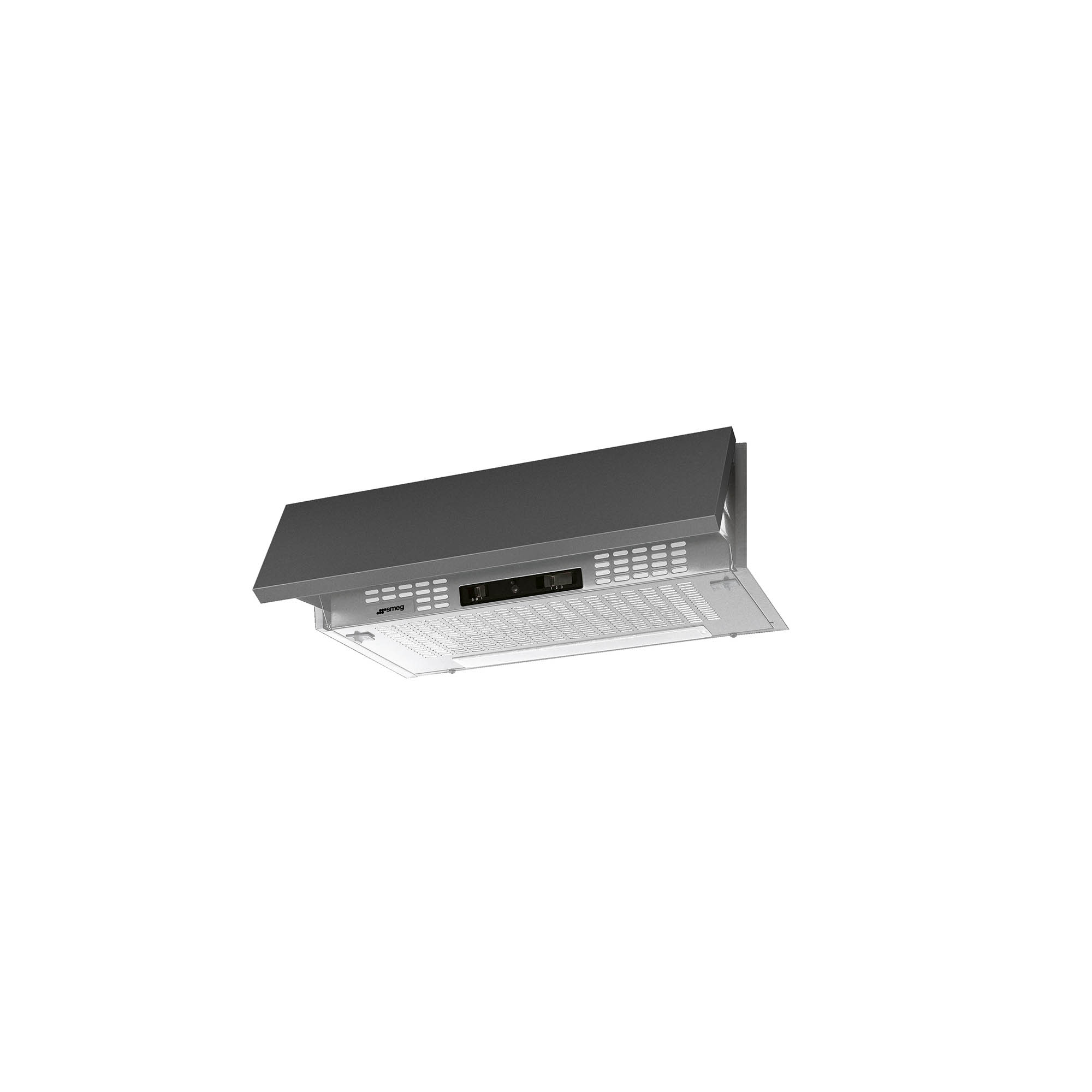Una campana extractora Smeg gris montada sobre fondo blanco. Tiene una ventilación y un panel de control.