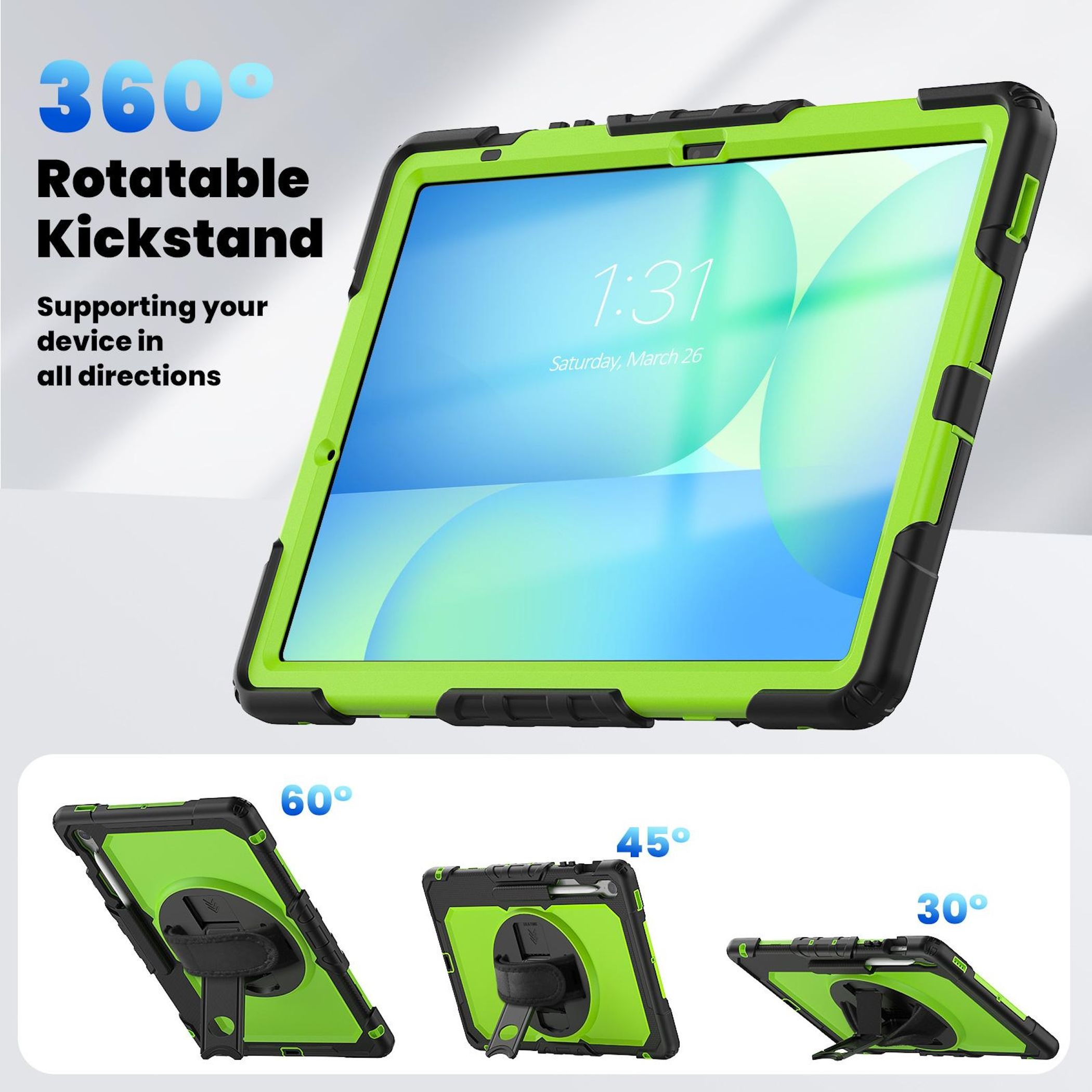 Ein Tablet in einer grün-schwarzen Hülle wird präsentiert. Es hat einen drehbaren Ständer. Winkel 60, 45 und 30 werden gezeigt.