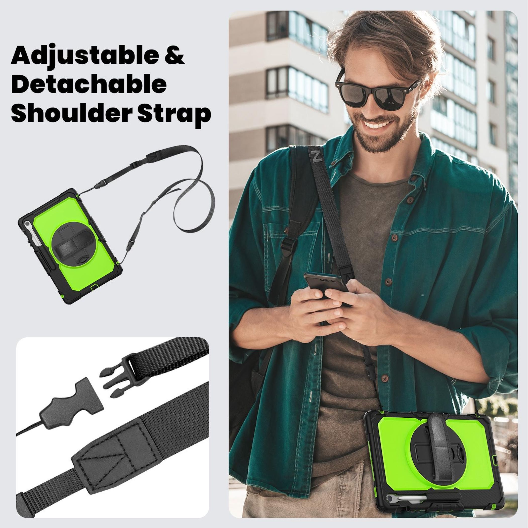 Mann mit Sonnenbrille, der ein Telefon hält, ein grünes Hemd trägt, mit einer Tablethülle und Schultergurt. Gebäude im Hintergrund.