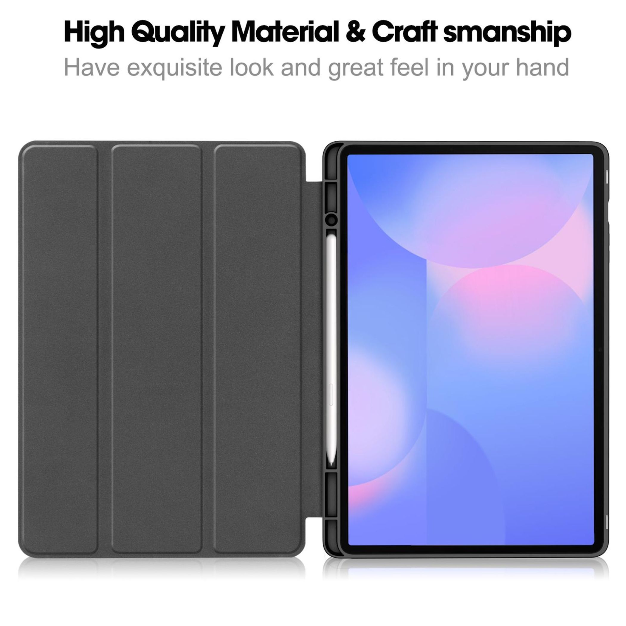 Tablet-Hülle mit offenem Deckel. Ein Stift ist befestigt. Der Bildschirm zeigt einen blau-rosa Farbverlauf.
