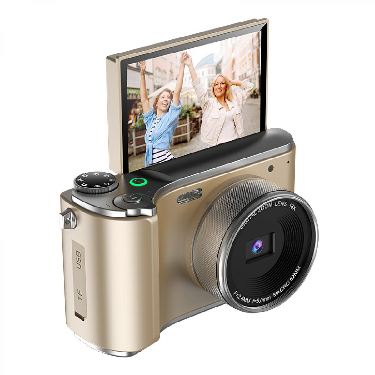 Eine goldene Digitalkamera mit einem Bildschirm, der zwei Frauen mit erhobenen Armen zeigt. Die Kamera hat ein Objektiv und Tasten.