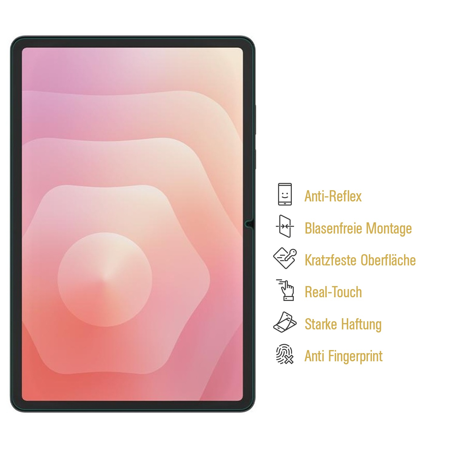 Tablet-Bildschirm mit rosa und pfirsichfarbenem, abstraktem Design. Merkmale: Anti-Reflex, blasenfreie Montage, kratzfeste Oberfläche, Real-Touch, starke Haftung.