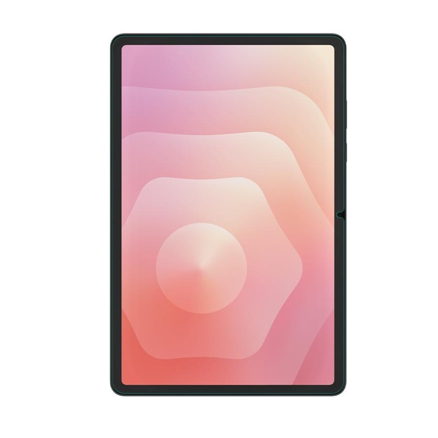 Ein Tablet mit schwarzem Rahmen und einem bunten Bildschirm, der abstrakte Formen in Pink und Weiß zeigt.