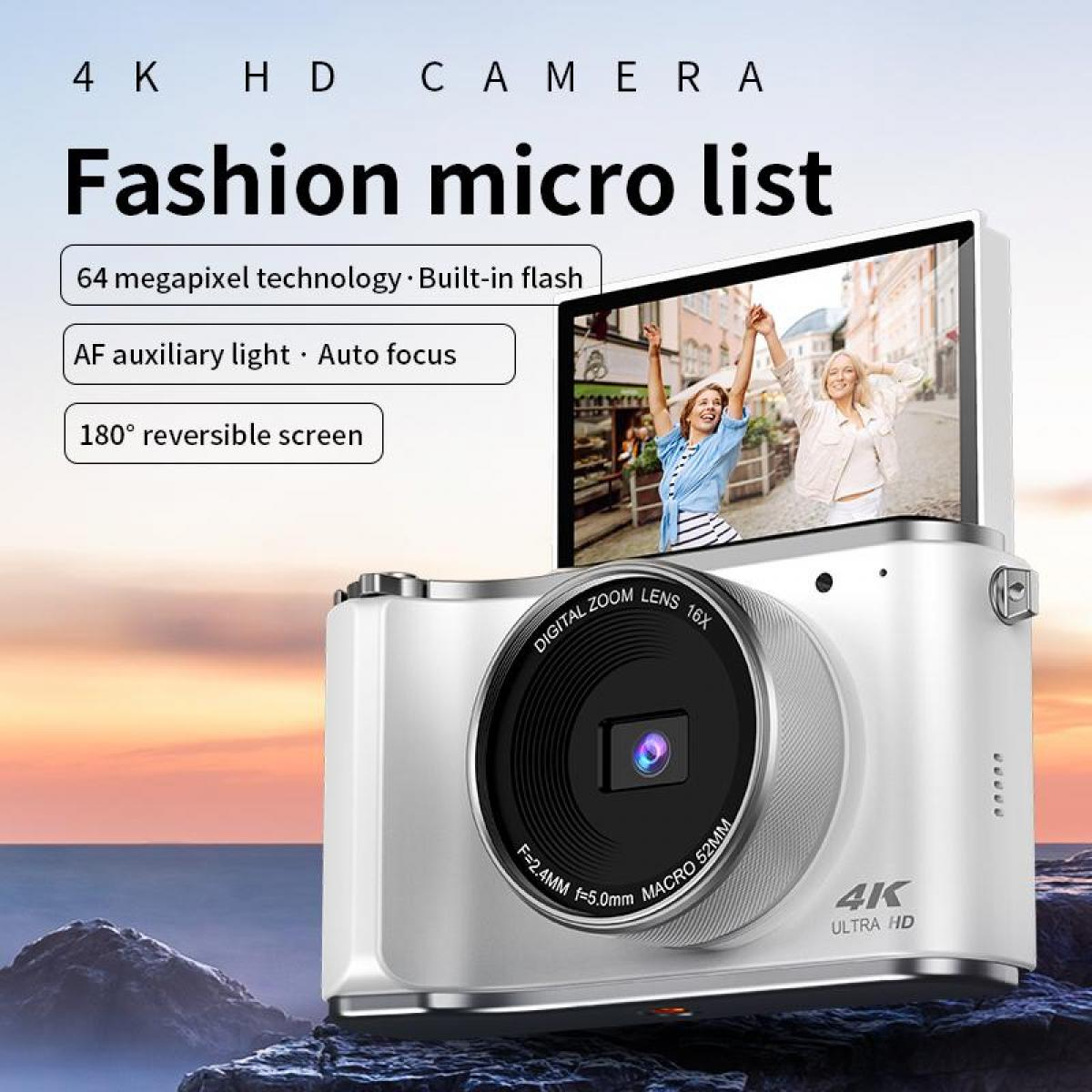 Eine weiße Kamera mit einem Bildschirm, der zwei Frauen zeigt. Der Text auf der Kamera enthält '4K', 'Digitalzoom' und '16x'.