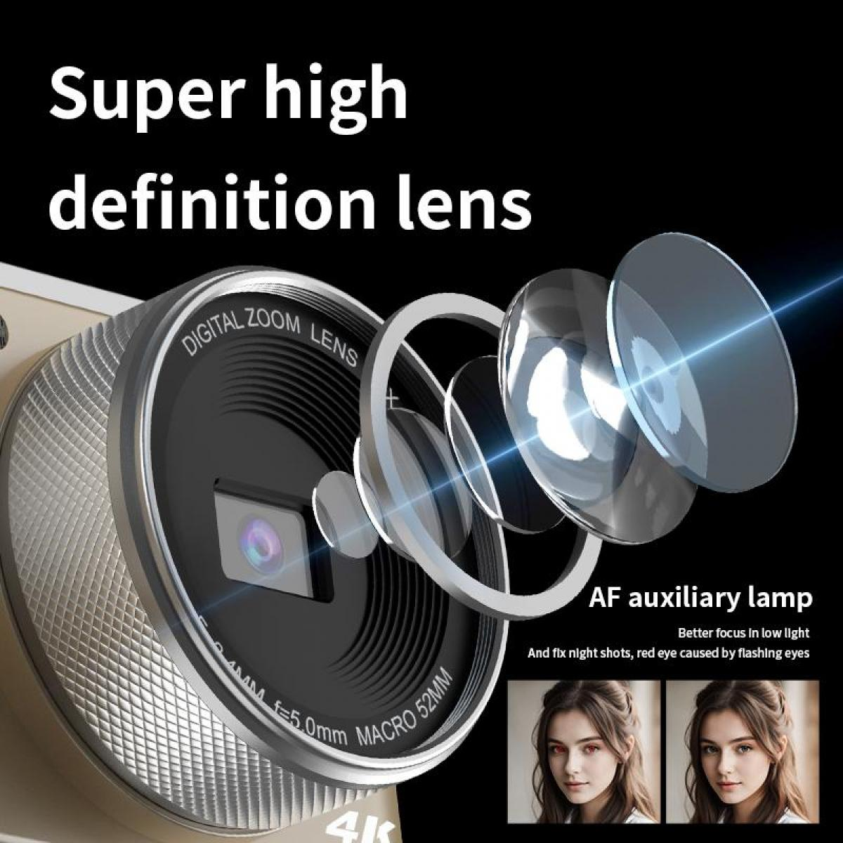 Ein Kameraobjektiv mit dem Text 'Super High Definition Lens' und 'AF Auxiliary Lamp'. Enthält Bilder einer Frau mit und ohne rote Augen.