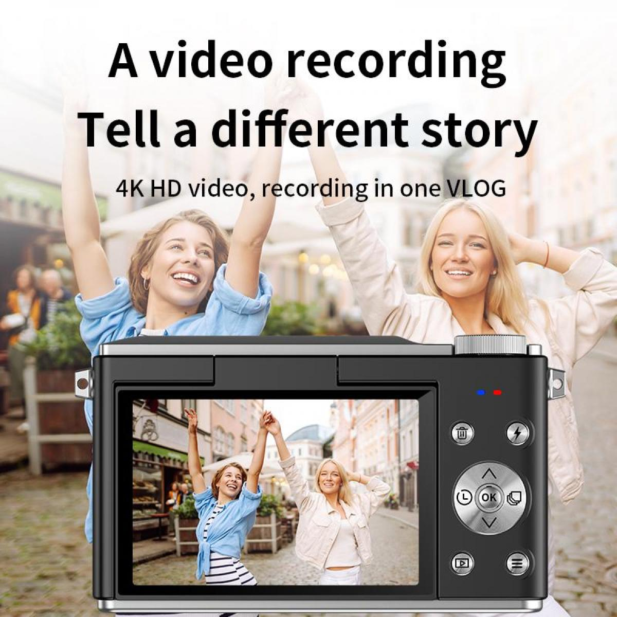 Zwei Frauen mit erhobenen Armen über einer Kamera. Die Kamera zeigt die Frauen. Der Text lautet 'Eine Videoaufnahme', 'Erzähl eine andere Geschichte'.