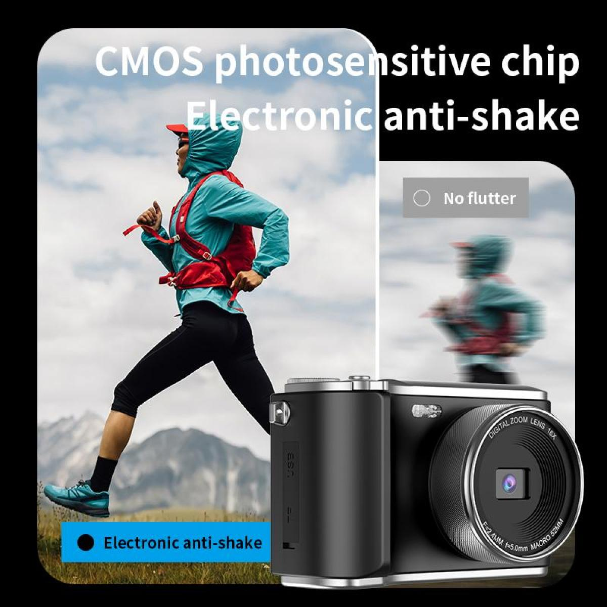 Eine Person, die in Sportkleidung läuft, das Bild ist geteilt, um den Anti-Shake-Effekt mit einer Kamera zu zeigen. Text: elektronische Anti-Verwacklung, CMOS-Chip.