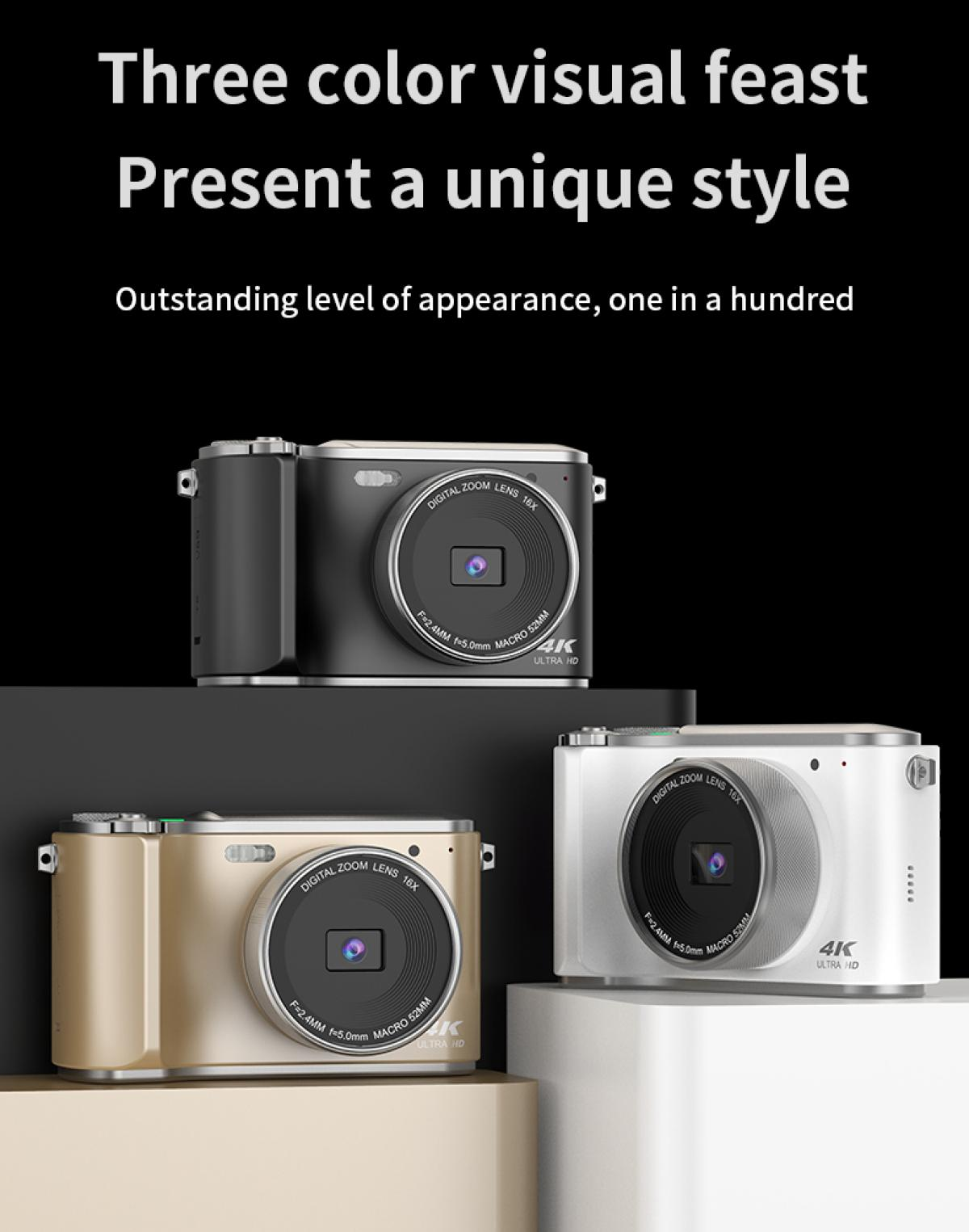 Das Bild zeigt drei Kameras: schwarz, gold und weiß. Jede hat ein Objektiv und ist mit 'DIGITAL ZOOM LENS 16X' und '4K ULTRA HD' beschriftet.