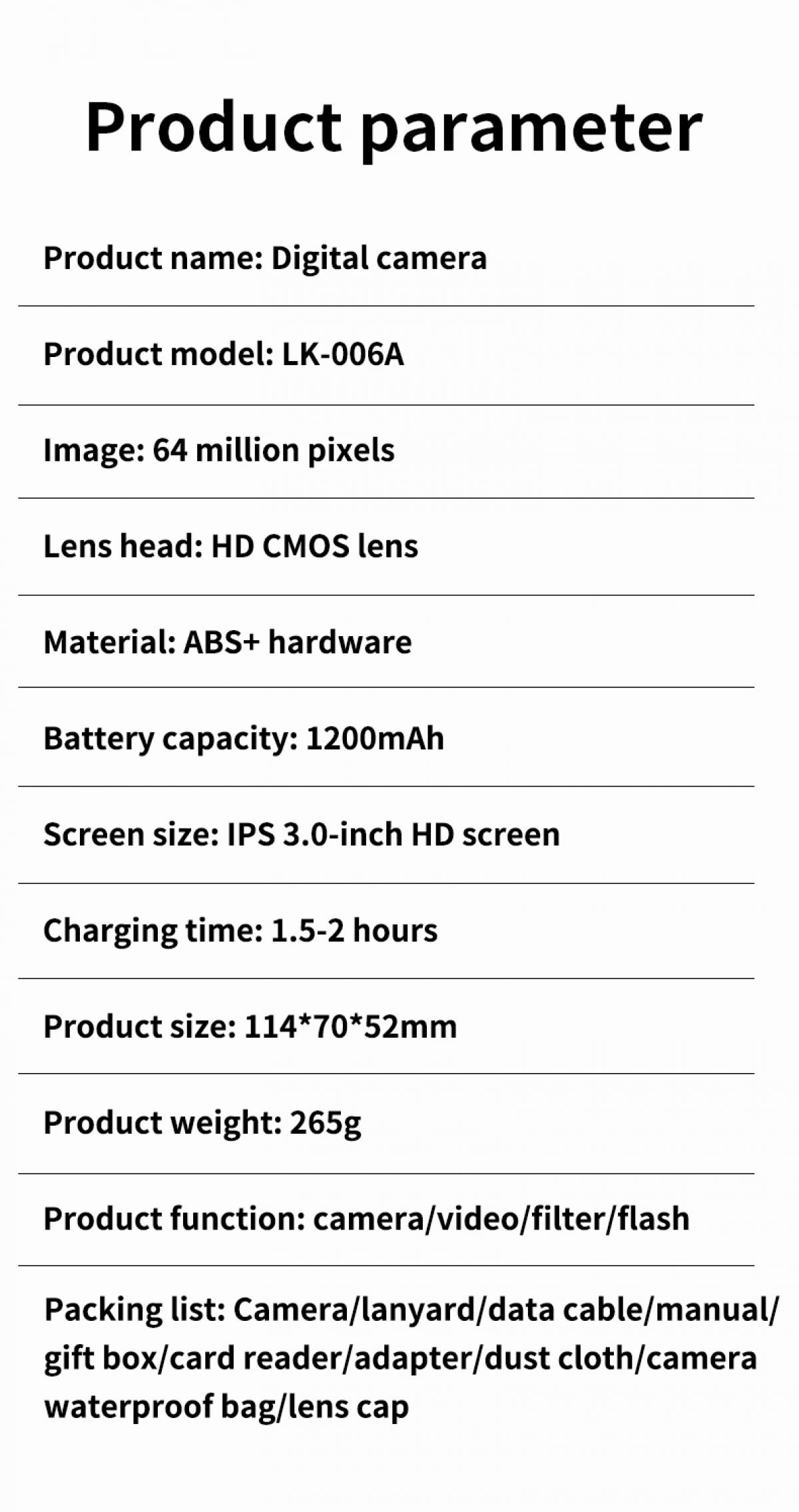 Produktparameterliste für eine Digitalkamera. Enthält Produktname, Modell, Bildpixel, Objektiv, Material, Akku, Bildschirm, Größe, Gewicht und Funktion.