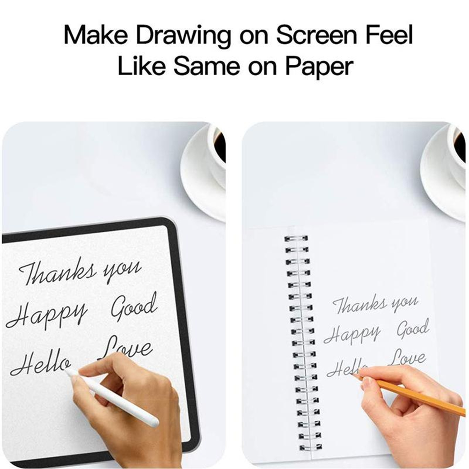 Das Bild zeigt eine Hand, die auf einem Tablet und Papier schreibt. Beide haben die gleichen Wörter: Danke, Happy, Gut, Hallo, Liebe.