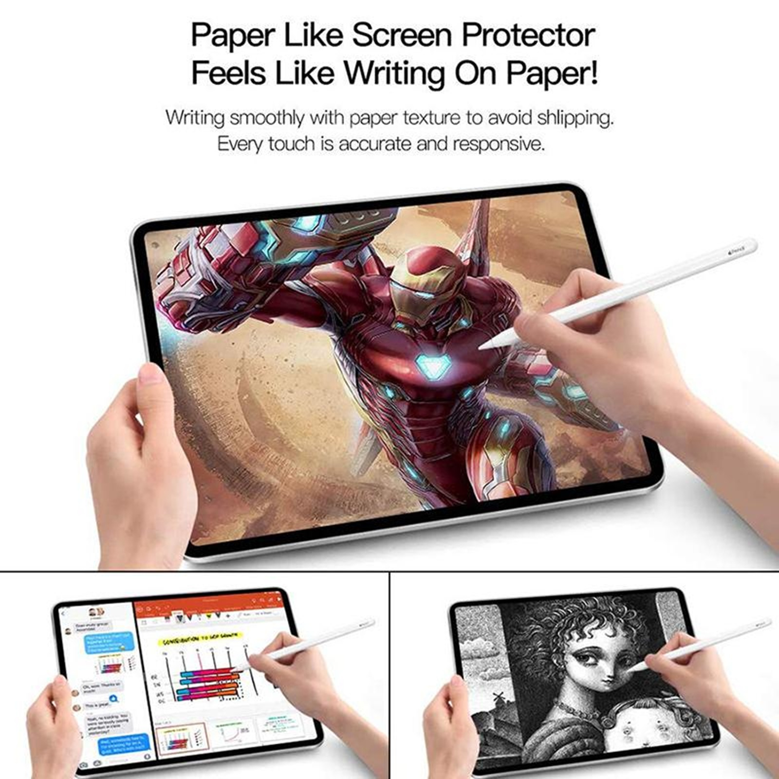 Hände halten Tablets mit Stiften. Eines zeigt Iron Man, ein anderes Diagramme, und das letzte ist eine Zeichnung einer Frau.