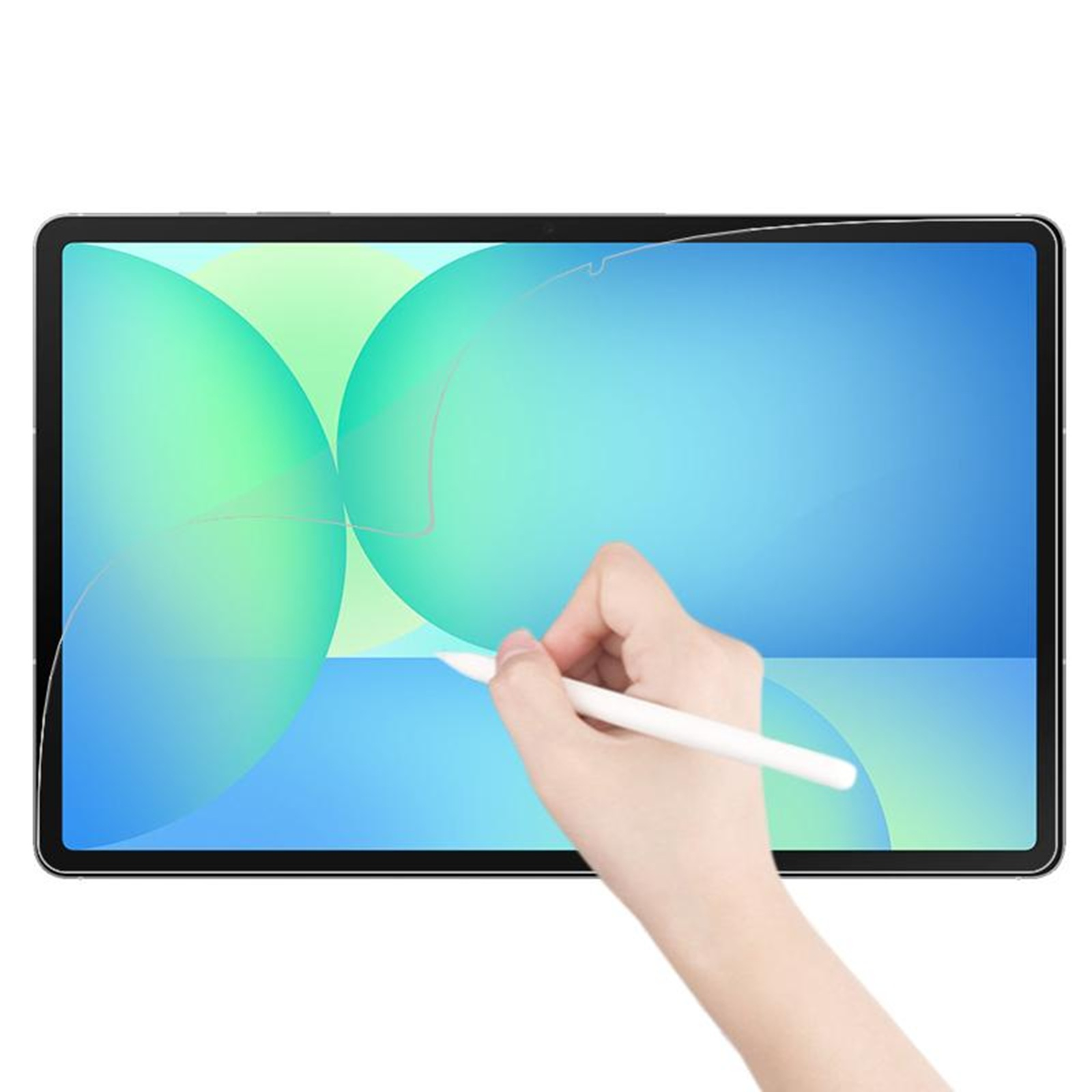 Eine Hand hält einen Stift, um auf einem Tablet-Bildschirm zu zeichnen. Der Bildschirm zeigt grüne und blaue abstrakte Formen.